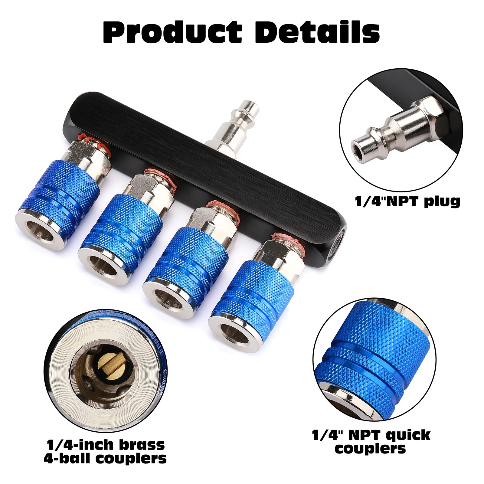2 x gerader 4-Wege-Luftverteiler, Leitungstyp-Luftkompressor-Verteiler mit 4 Kupplungen und 6,35 mm MNPT-Stecker, 1/4 Zoll NPT Luftarmaturen, Rot und Blau, 2 Stück