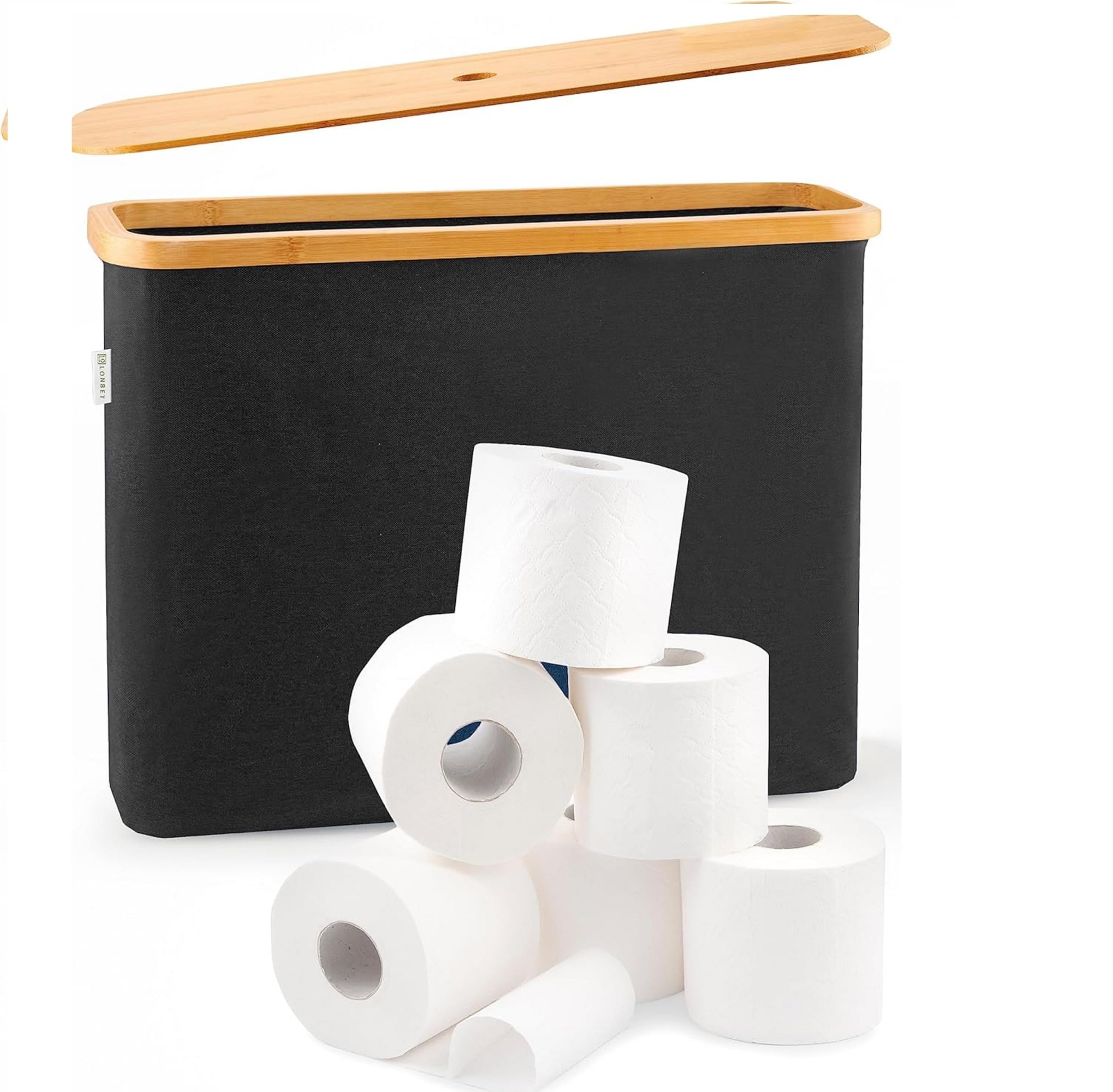 LONBET Rangement Papier Toilette pour 12 Rouleaux - Range Papier Toilette Pliable et Empilable avec Couvercle en Bambou - Organisateur de Salle de Bain Étanche et Élégant - Panier Papier WC Noir
