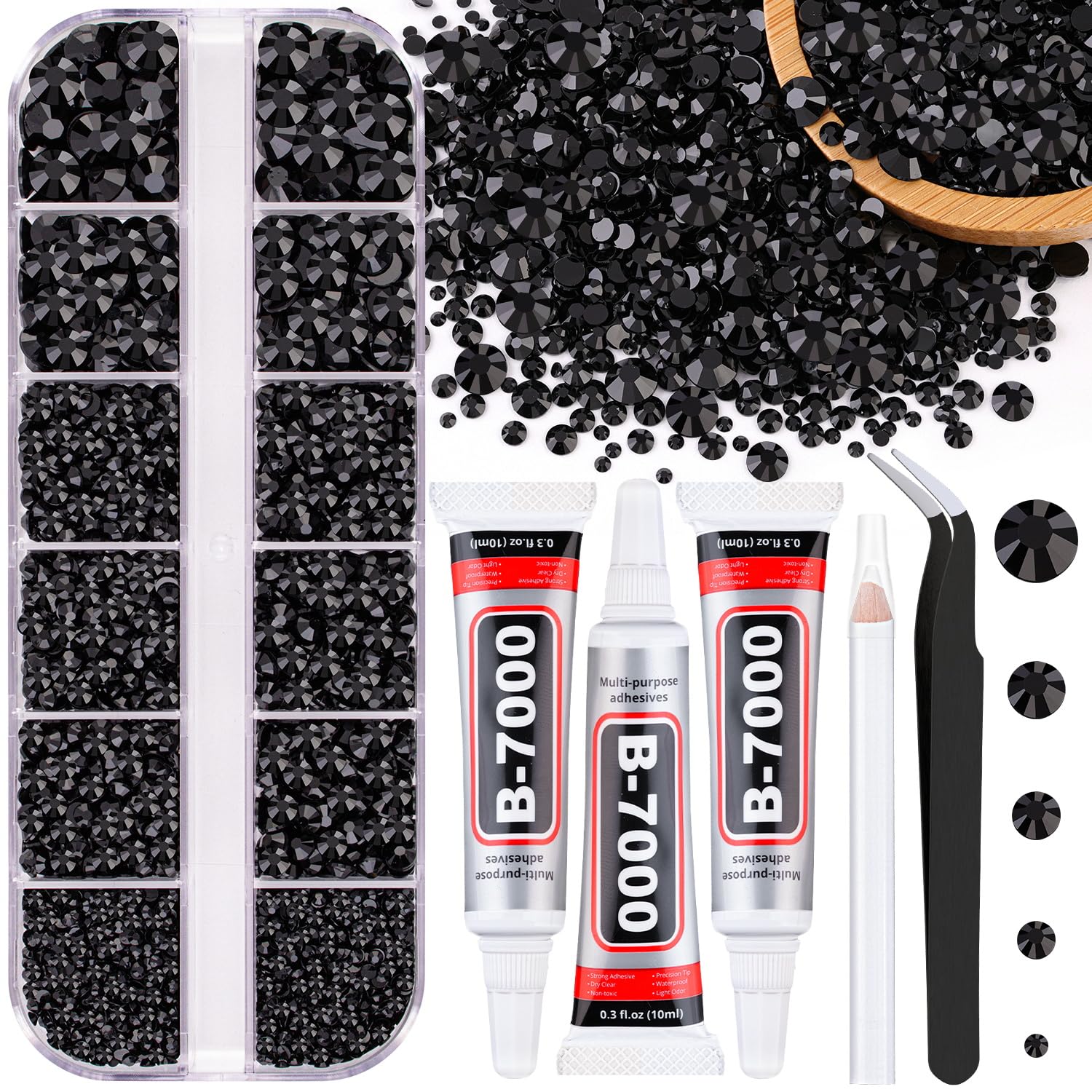 TINKRSTUFF Black Resin Jelly Rhinestones with B7000 Glue, 12 Grids Assorted Sizes | Craft Bead Kit for DIY Artworks - main product image