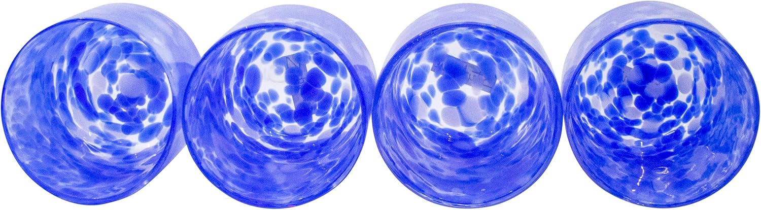 Stephanie Imports Set of 4 Handcrafted Double Old-Fashioned Confetti Drinking Glasses, 12 oz (Ocean Blue & White)
