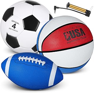Libima 3 Pcs Diverse Sport Ball Set for Kids Teens, Include Official Size 5 Basketball Size 4 Soccer Size 6 Football and Pump Sports Equipment Sport Gift