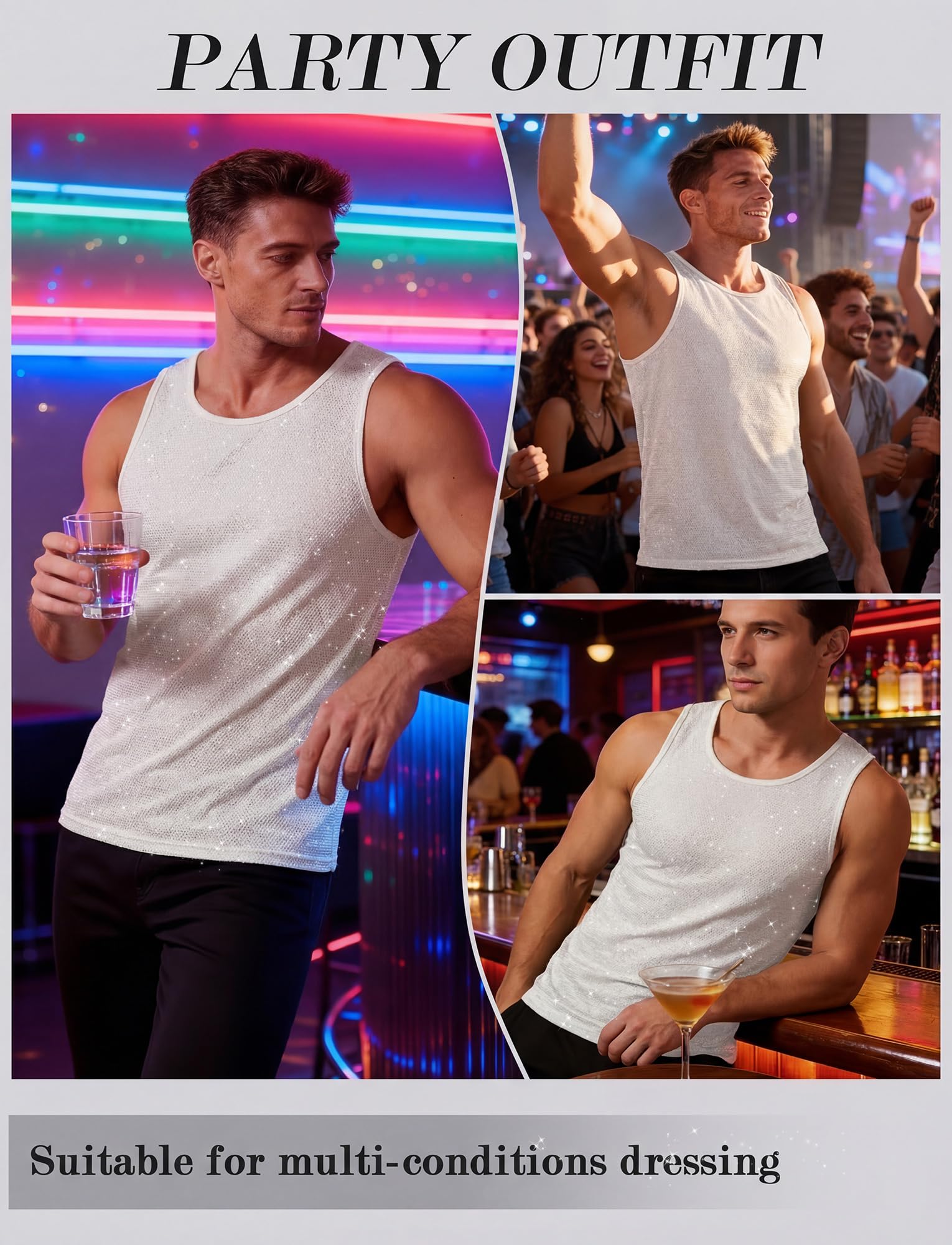 AIEOE Débardeur à paillettes pour homme - Haut en maille brillante - Sans manches - Col rond - Sexy - Clubwear - Tenue de fête pour discothèque, bar, festival