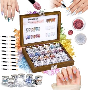 24 Colors Chrome Nail Powder, Iridescent Aurora Metallic Mirror Effect Pigment Glitter Gold Silver Brown for Home Nail Art Decoration DIY Salon Manicure, Gift for Women