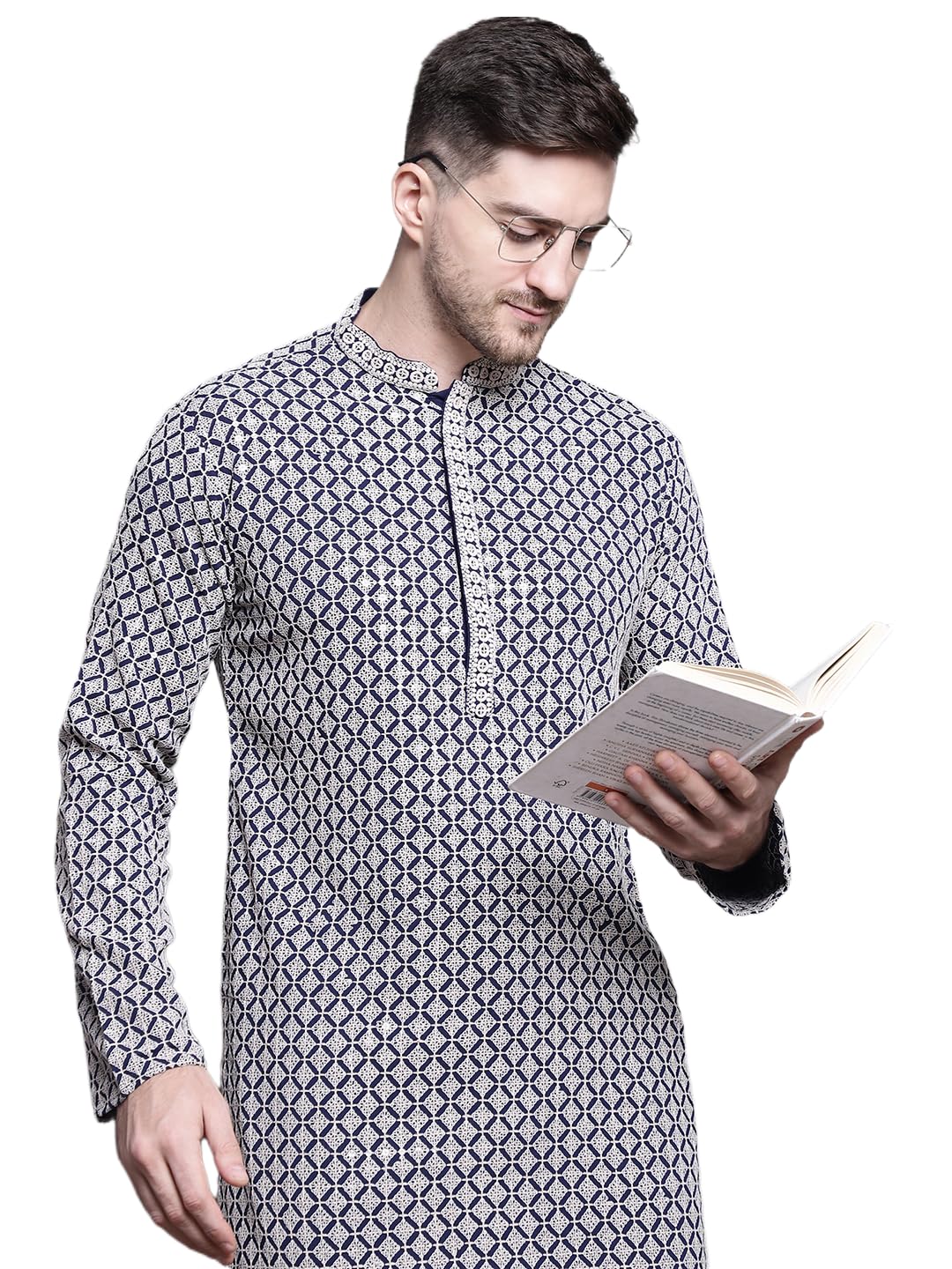 Jompers Men Sequin Embroidered Pure Cotton Kurtas (Navy, Xxl)