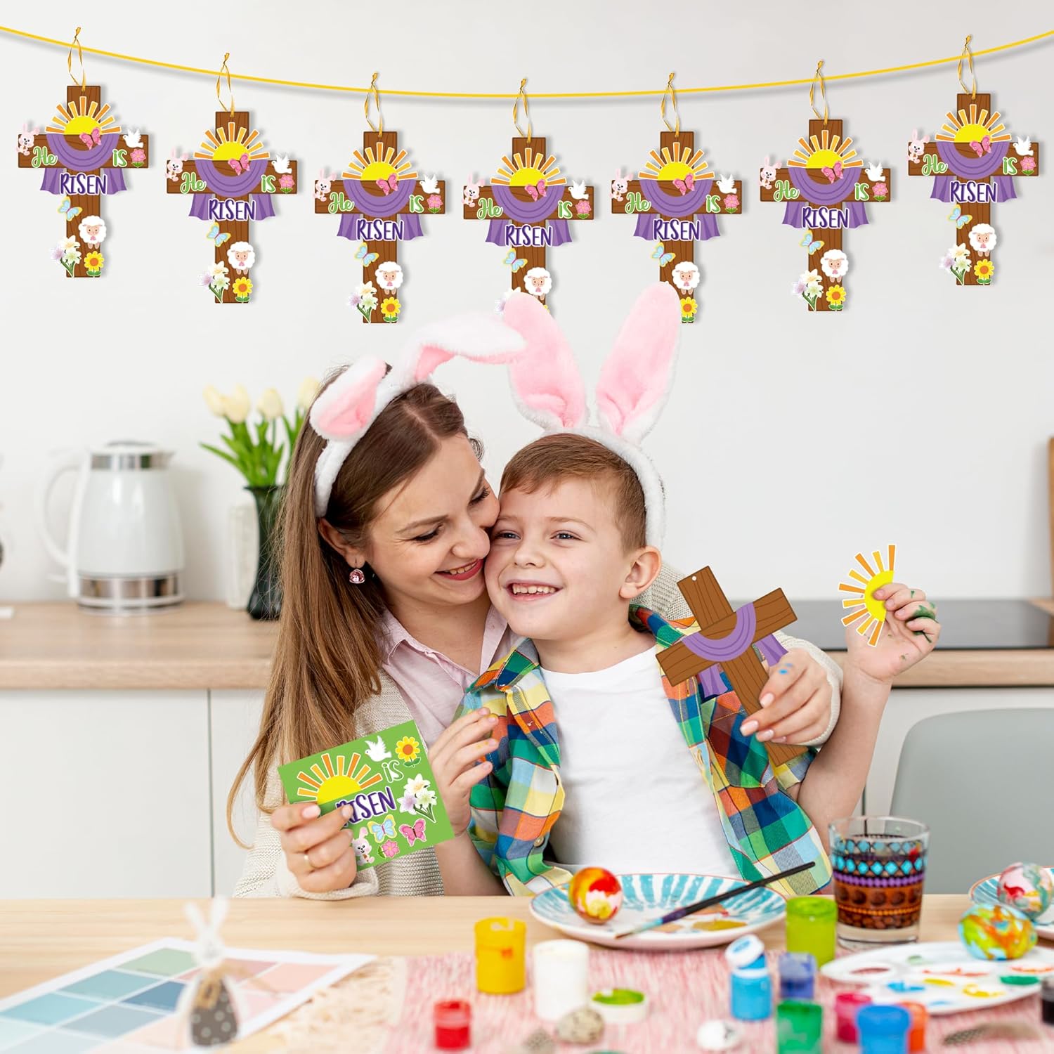 Haooryx Easter He is Risen Cross Craft Kit - 28 Pack Make Your Own Jesus Resurrection Cross Hanging Ornaments Thankful Craft for Church Sunday School Classroom Christian Easter Day Party Supply