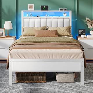 Furnulem White Twin Bed Frames with PU Upholstered Headboard & LED Lights - Amazon product rated Grade B