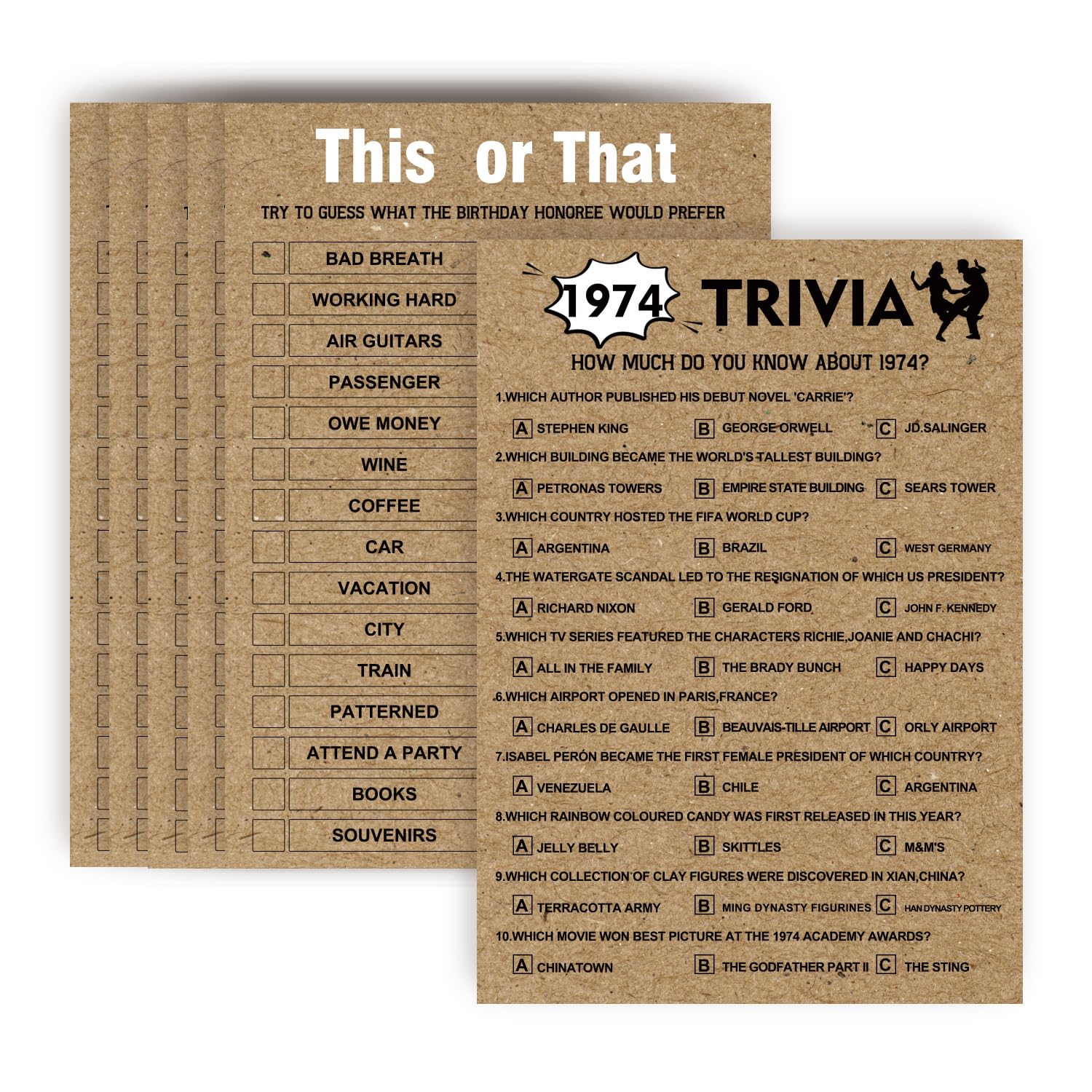 Photo 1 of Rustic 50th Birthday Party Game Cards - Born in 1974, Double Sided Print, Party Supplies for Parents (5 * 7 inches)