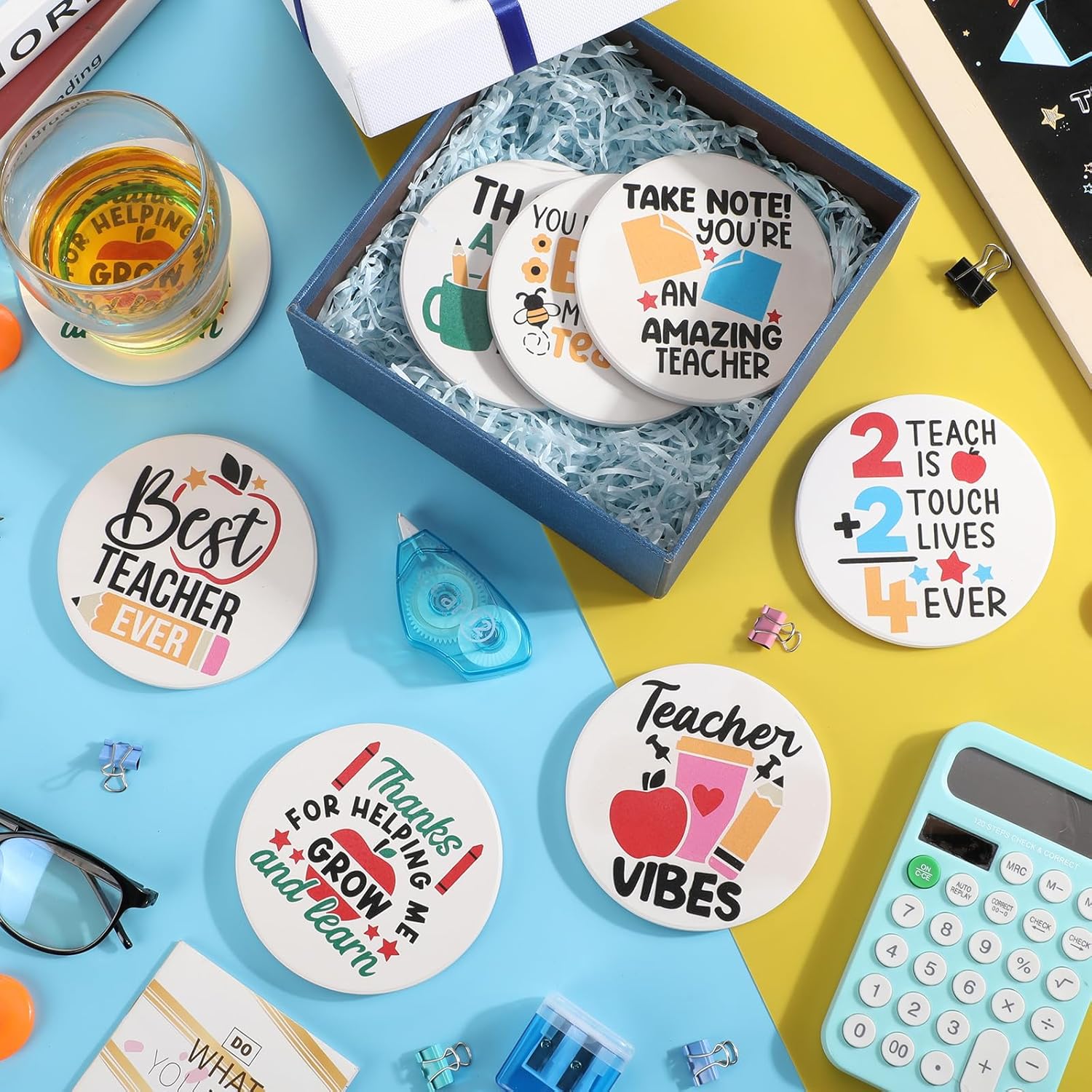 Hushee 24 Pcs Teacher Appreciation Gifts Bulk Thank You Gifts for Women Teacher Coasters Absorbent Ceramic Drink Coasters with Cork Base Cup Mats Set for Grad Back to School Party Supplies