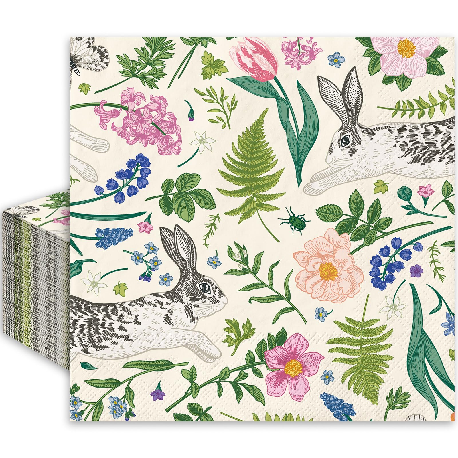 JarThenaAMCS 50Pcs Easter Napkin Retro Bunny Flower Paper Luncheon Napkins Vintage Rabbit Botanical Disposable Dinner Hand Napkins for Easter Spring