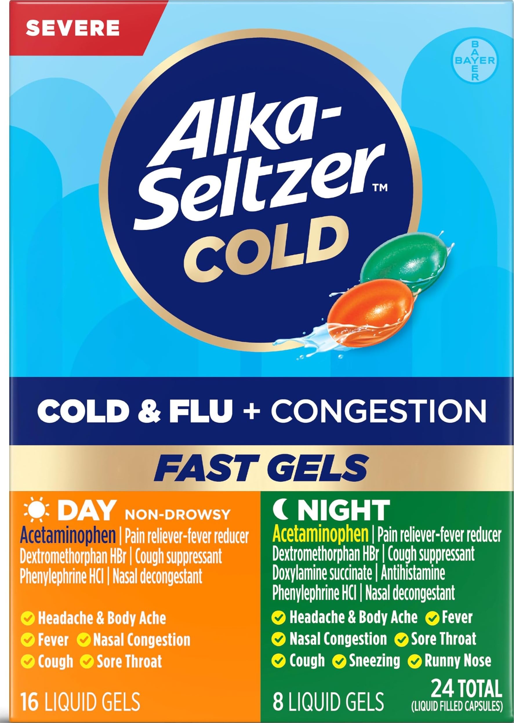 Alka-Seltzer Cold, Cold & Flu + Congestion Severe Day/Night Fast Gels, Flu + Congestion Medicine, Multi-Symptom Relief, Body Aches and Pains, Fever Reducer, 24 Count (Packaging May vary)