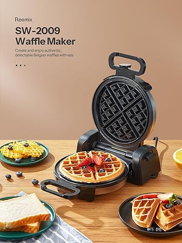 Miniatura 7 de Reemix Máquina para hacer gofres redonda clásica belga con diseño giratorio de 180, platos antiadherentes y mango de tacto frío, máquina de gofres
