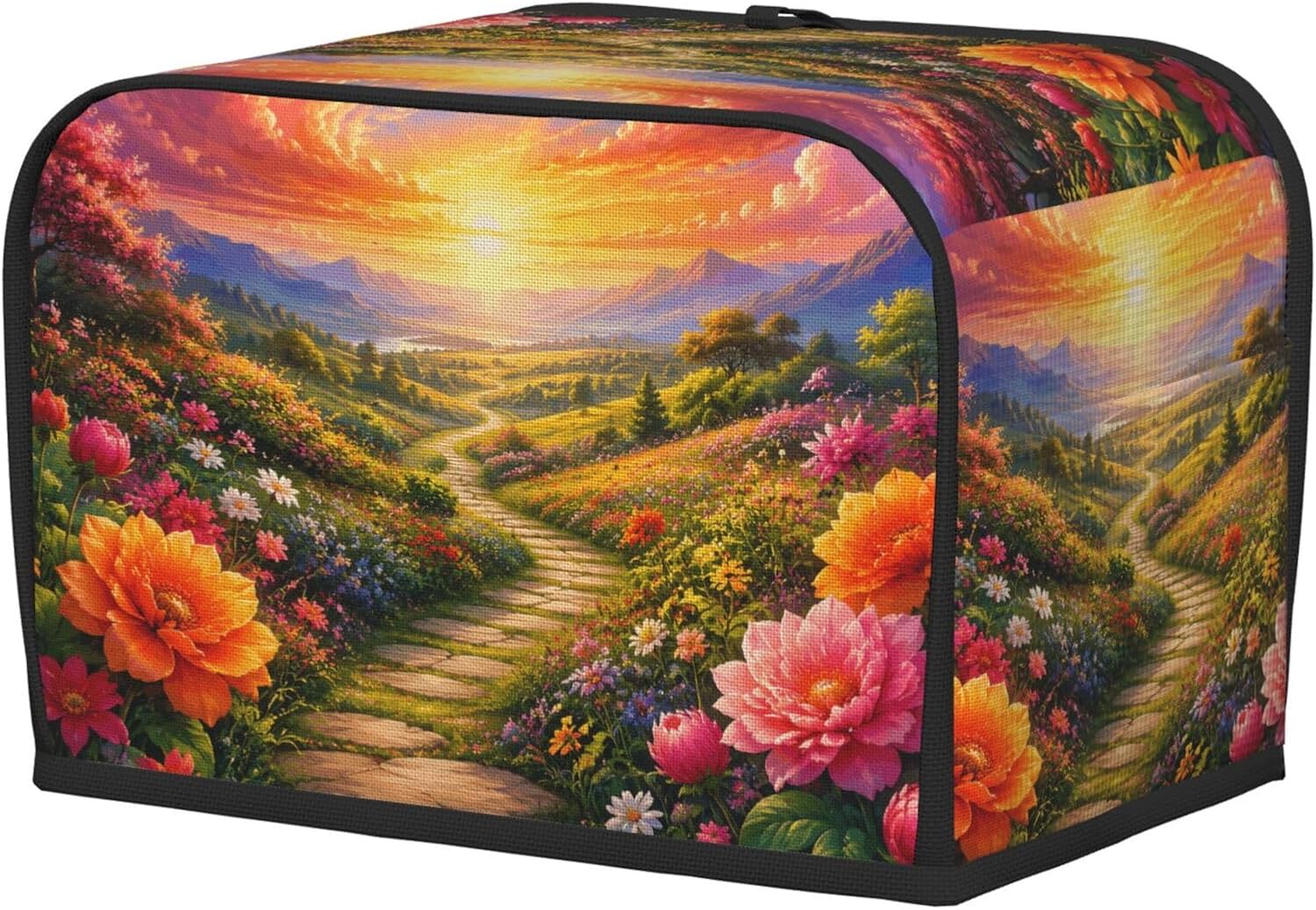 2 Slice Toaster Cover Wildflower Path Mountain Sunset Water-Resistant Bread Maker Dust Cover with Storage Pocket, Washable Oxford Cloth Kitchen Appliance Protector, Housewarming Gift