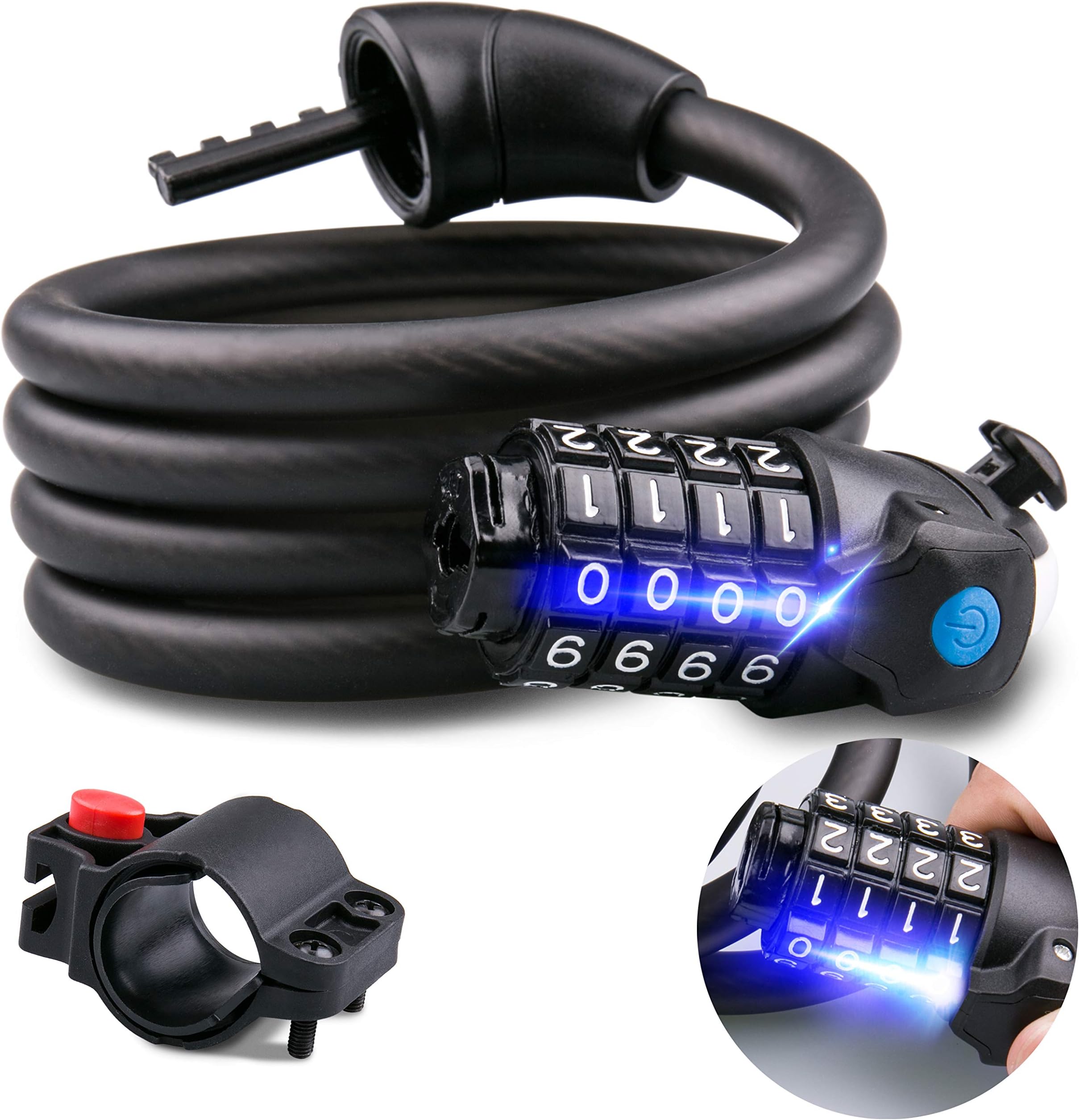 Omew Bike Lock with LED Light, High Security Bicycle Cable Lock Bike Chain Lock 4-Digit Code Combination Bike Lock for Bicycle Scooters-Black
