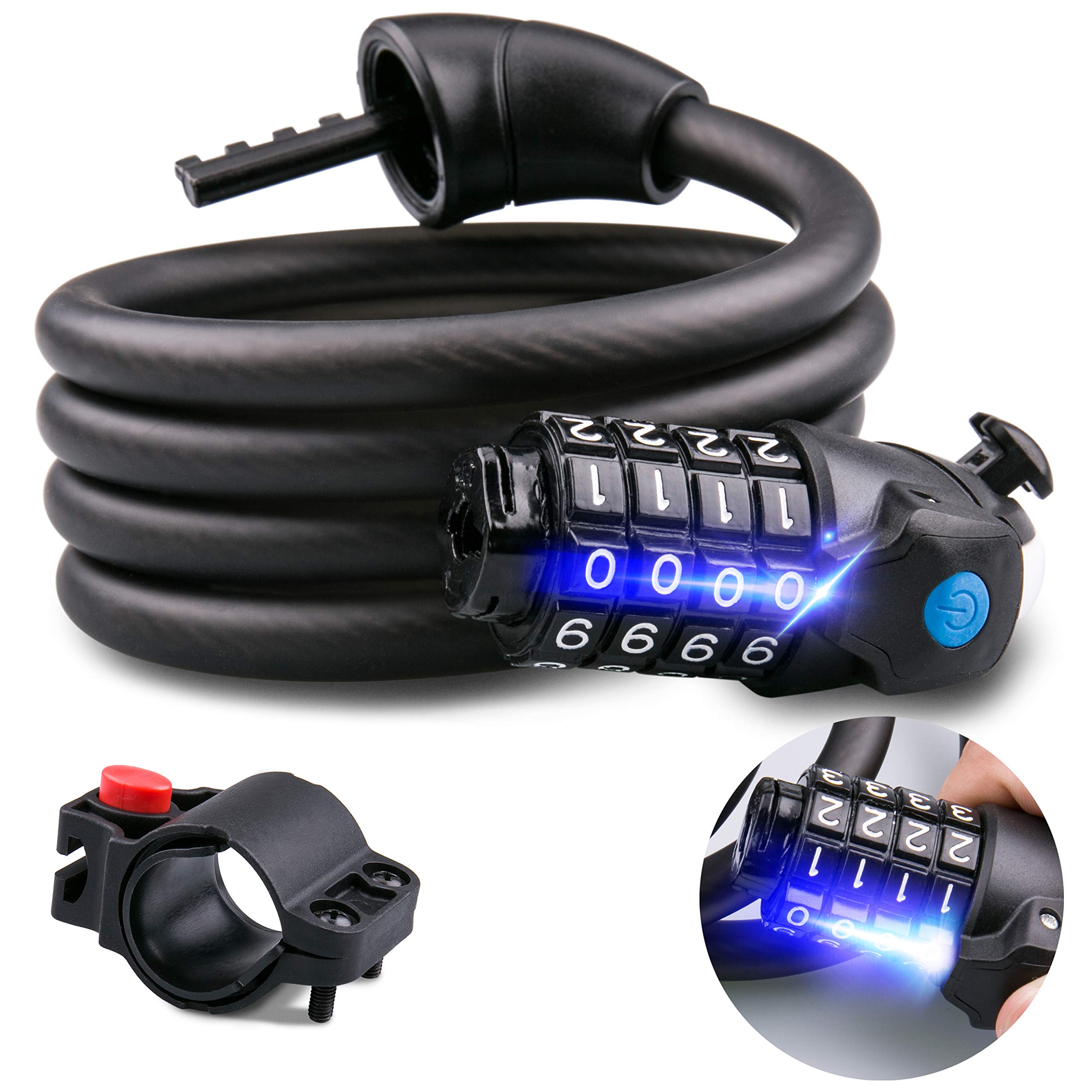 Omew Bike Lock with LED Light, High Security Bicycle Cable Lock Bike Chain Lock 4-Digit Code Combination Bike Lock for Bicycle Scooters-Black