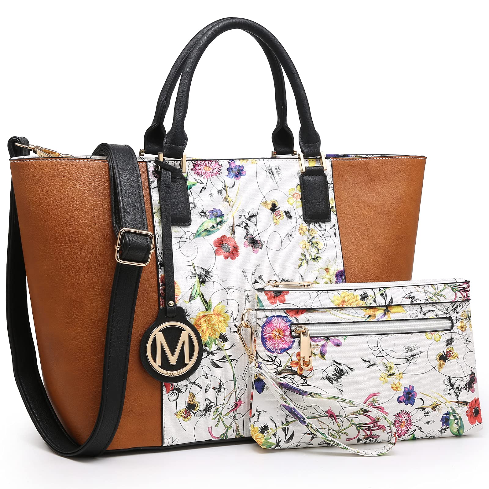 MKP Women Two Tone Large Tote Bags Top Handle Satchel Handbags Purses Set 2pcs (White Flower/Brown)