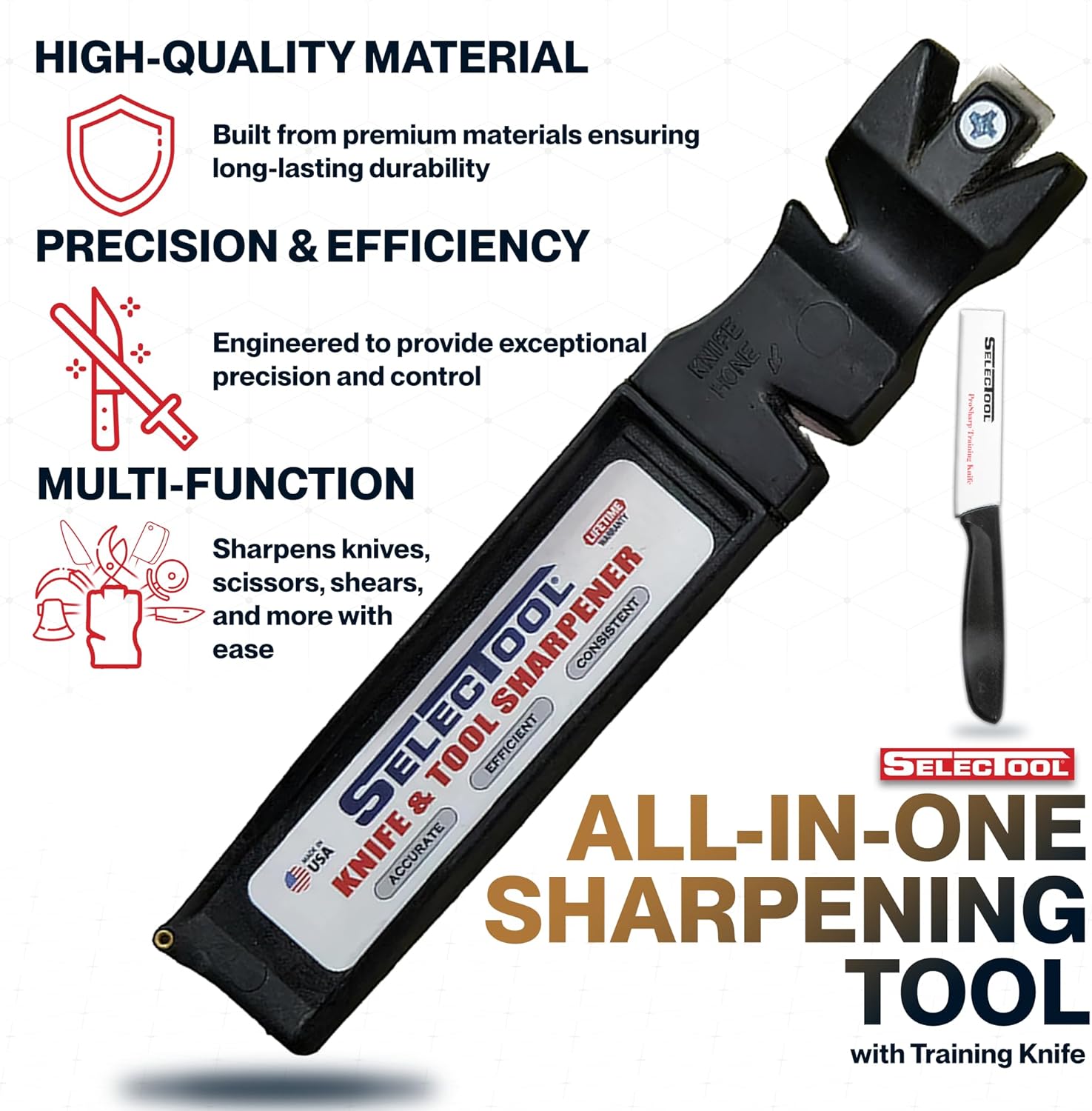 Selectool Tool and Knife Sharpener MultiTool Blade Sharpener for Kitchen Knives with Training Knife, Pocket Knife, Tools, Scissors, Axes & More, EDC Gadgets for Outdoor Hunting, Made in USA, 1 pc
