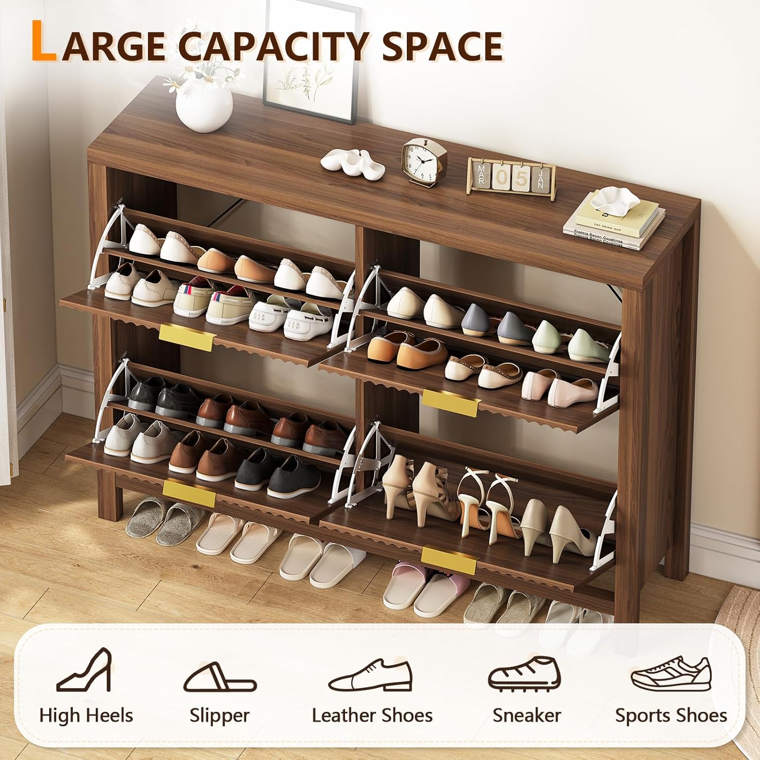 YOMILUVE Shoe Cabinet Storage for Entryway, Fluted Shoe Cabinet with 4 Flip Drawers, Hidden Shoe Rack Freestanding Wooden Shoe Organizer with Legs for Hallway, Walnut