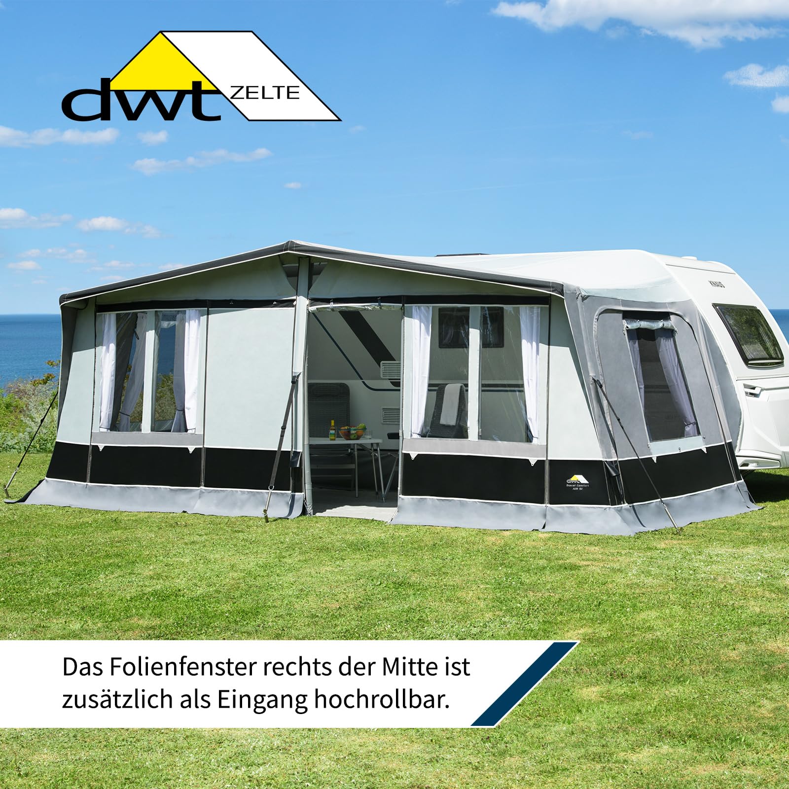 DWT aufblasbares Vorzelt für Wohnwagen - Travel Comfort Air - herausnehmbare Vorder- und Seitenwände - Ganzzelt 240 cm Tiefe - Air-In-System