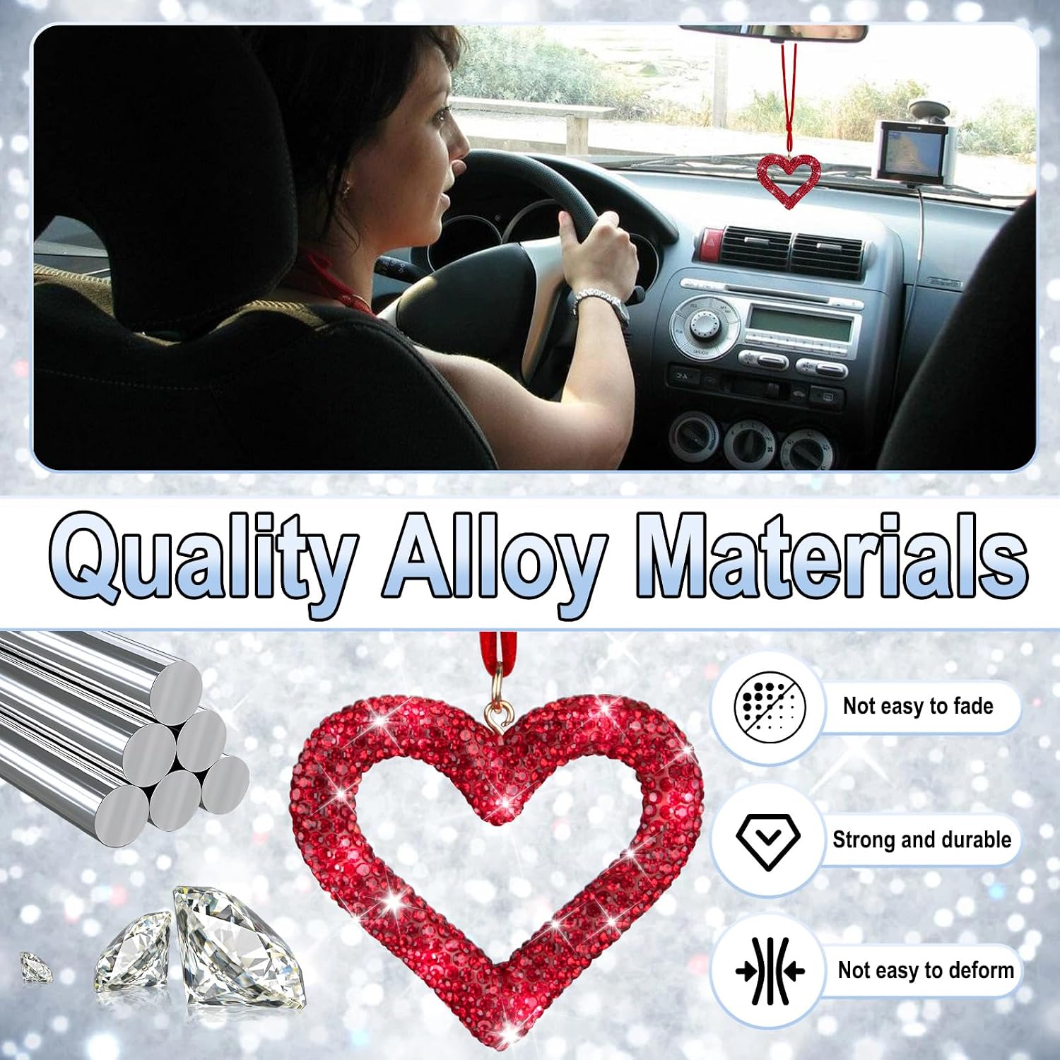 Bling Heart Car Hanging Accessories, Car Accessories for Women, Bling Rear View Mirror, Universal Bling Heart Diamond Car Accessories for Cars, Trucks, SUVs (Wine Red)