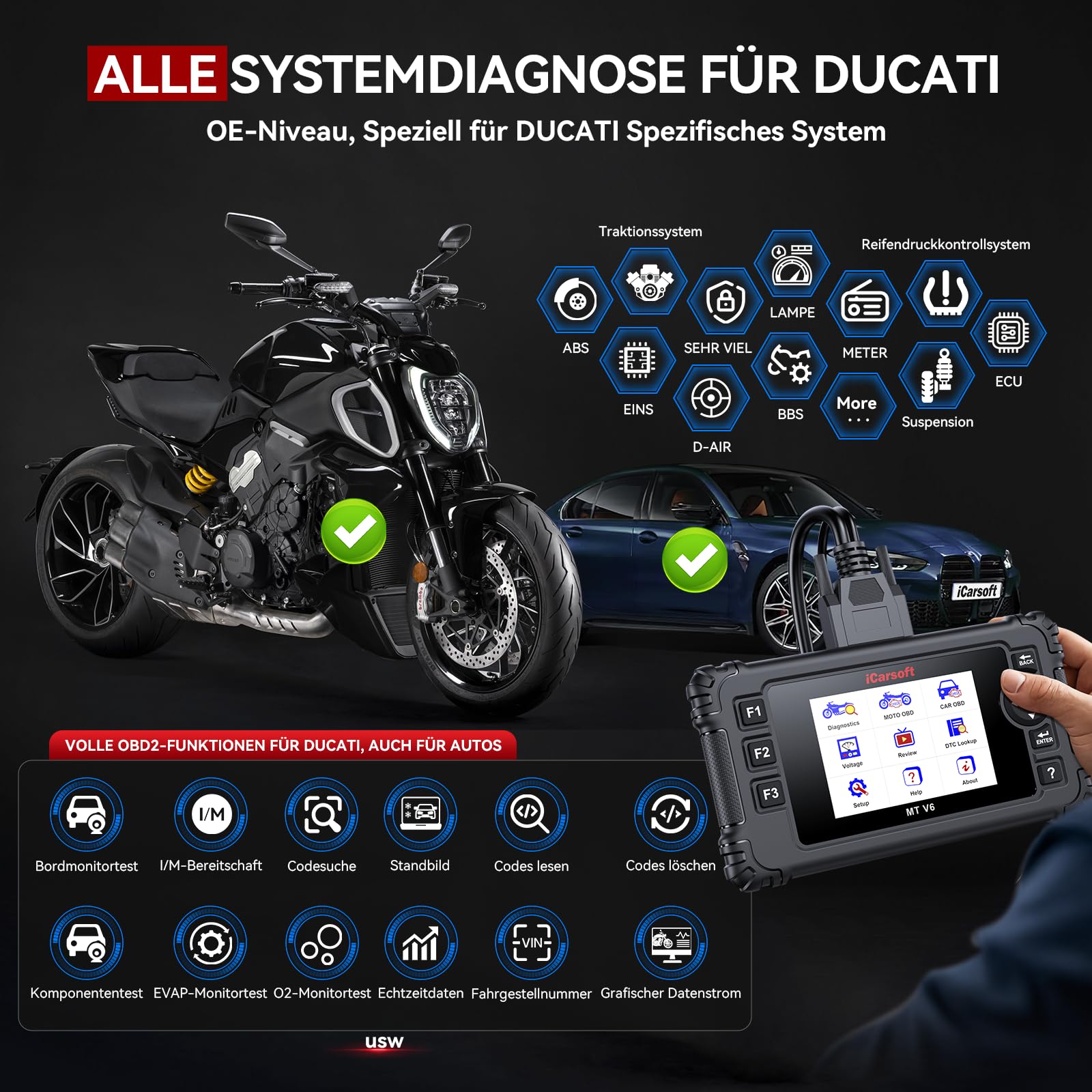 iCarsoft MT V6 Motorrad Diagnosegerät für Ducati, OBD2 Scanner, Vollsystemdiagnose, 153 Wartungsdienste, 112 Bidirektionale Tests, Fehlercodes Auslesen & Löschen, Batterietest – Aktualisierte Version