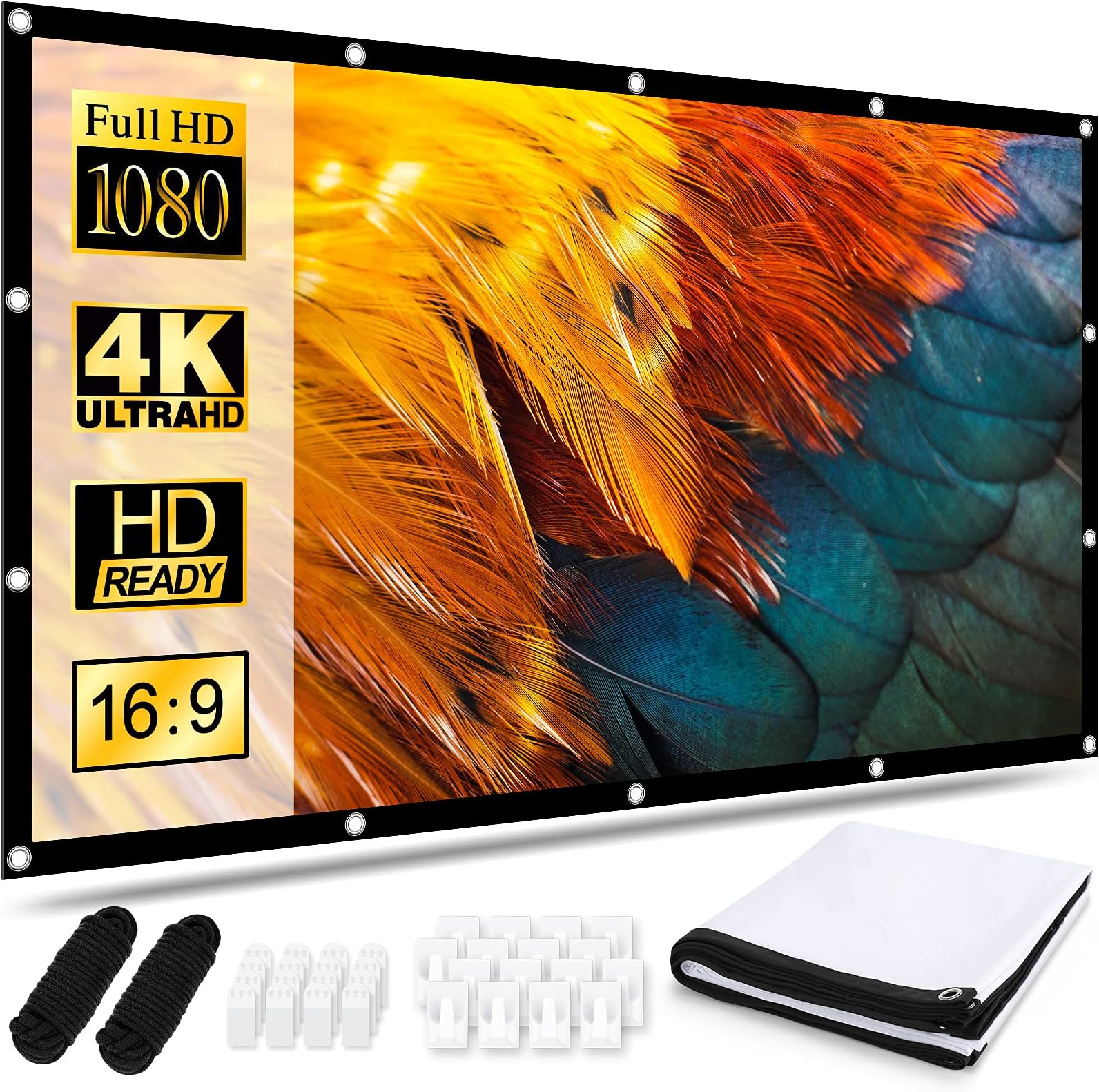 Projector Screen 120 Inch, Portable Movie Screen 16:9 HD 4K Foldable Anti-Crease Projection Screen, Cinema Screen Support Double-Sided Projection for Home Theater Cinema Indoor Outdoor Backyard Party