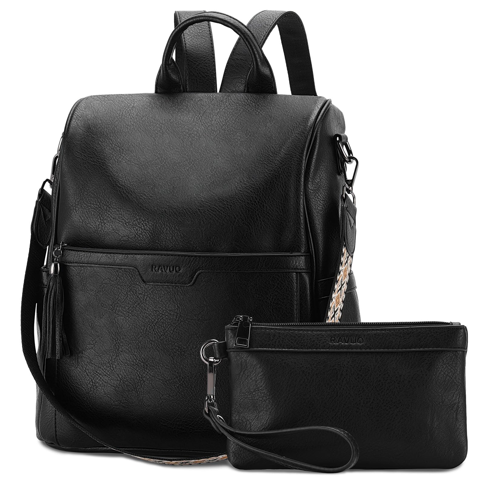 RAVUO Bolso Mochila Mujer, Mochilas Antirrobo de Cuero PU Impermeable 2pcs Set Bolsa de Mano Mochilas Casual para Escuela Viaje Compras,Nergo