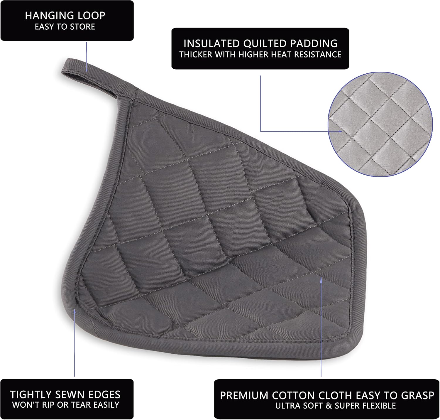 Kitchen Pot Holders Set Heat Resistant Pure Cotton Potholders Kit Trivets Large Coasters Hot Pads Terry Pot Holders for Everyday Cooking and Baking by 7 x 7 Inch Set of 6 Grey