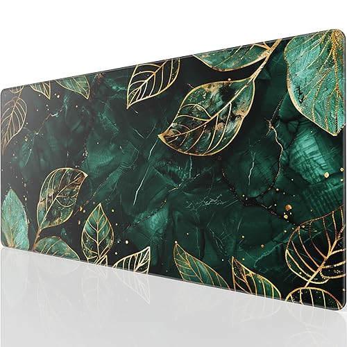 KTRIO Large Gaming Mouse Pad Desk Mat, Superior Micro-Weave Cloth, Non-Slip Rubber Base, Stitched Edges, Water-Resistant, for Gamer, Office & Home, 31.5 x 15.7 Inch，Green Leaves