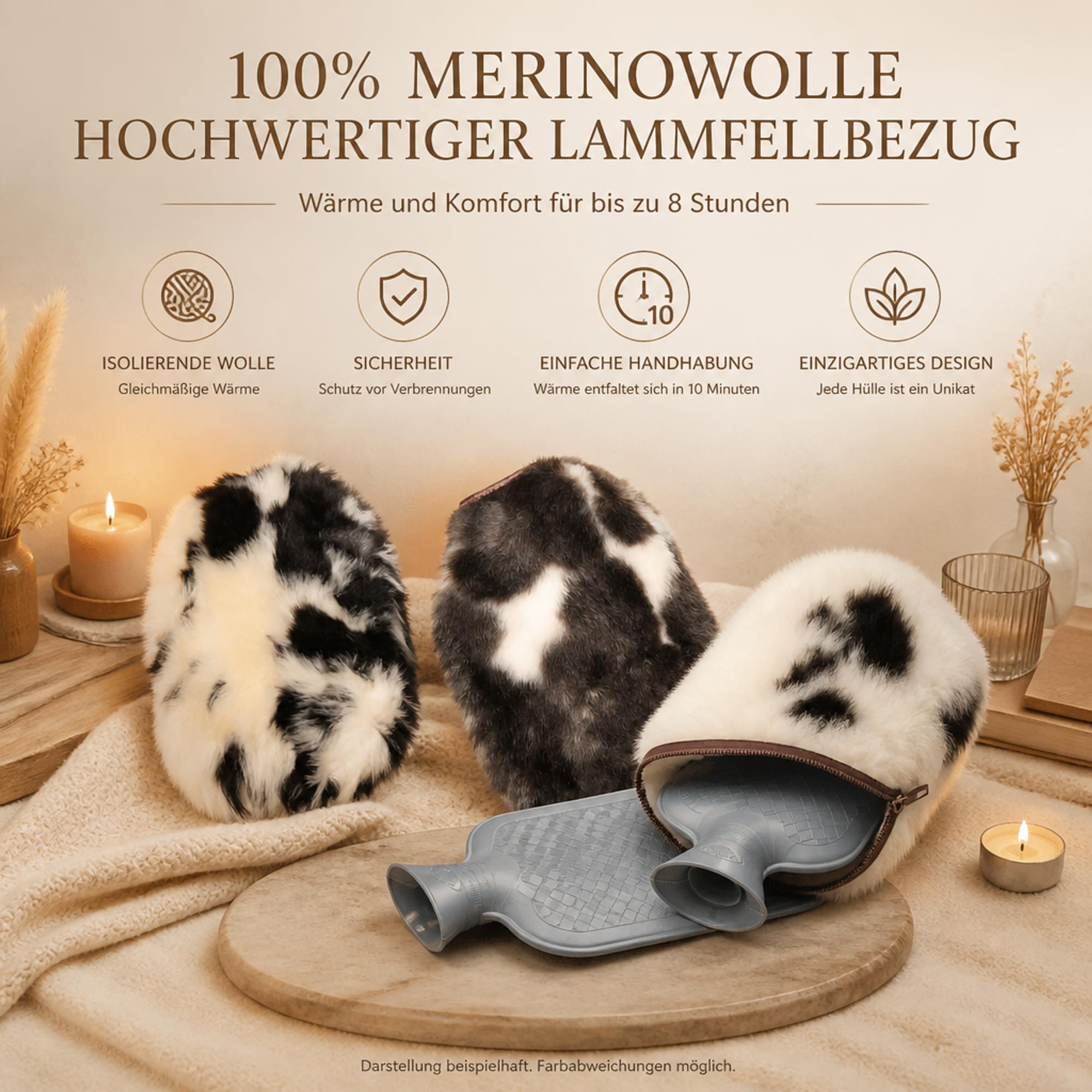 Fashy Merino Lammfell Wärmflasche 2,0 L – Kuschelige Wärme – Echtes Schaffell-Bezug