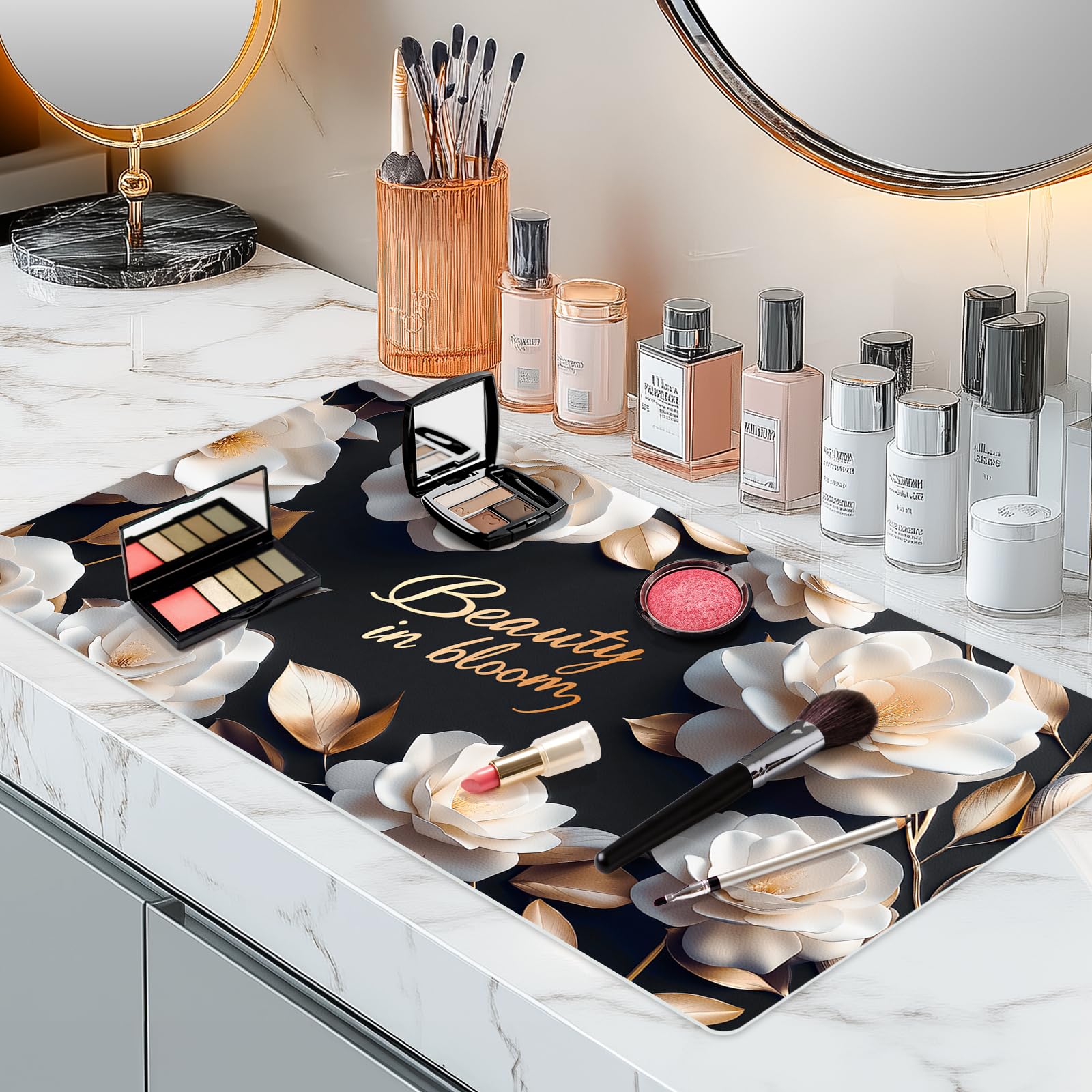 Tapis de maquillage en cuir synthétique camélia anti-rayures
