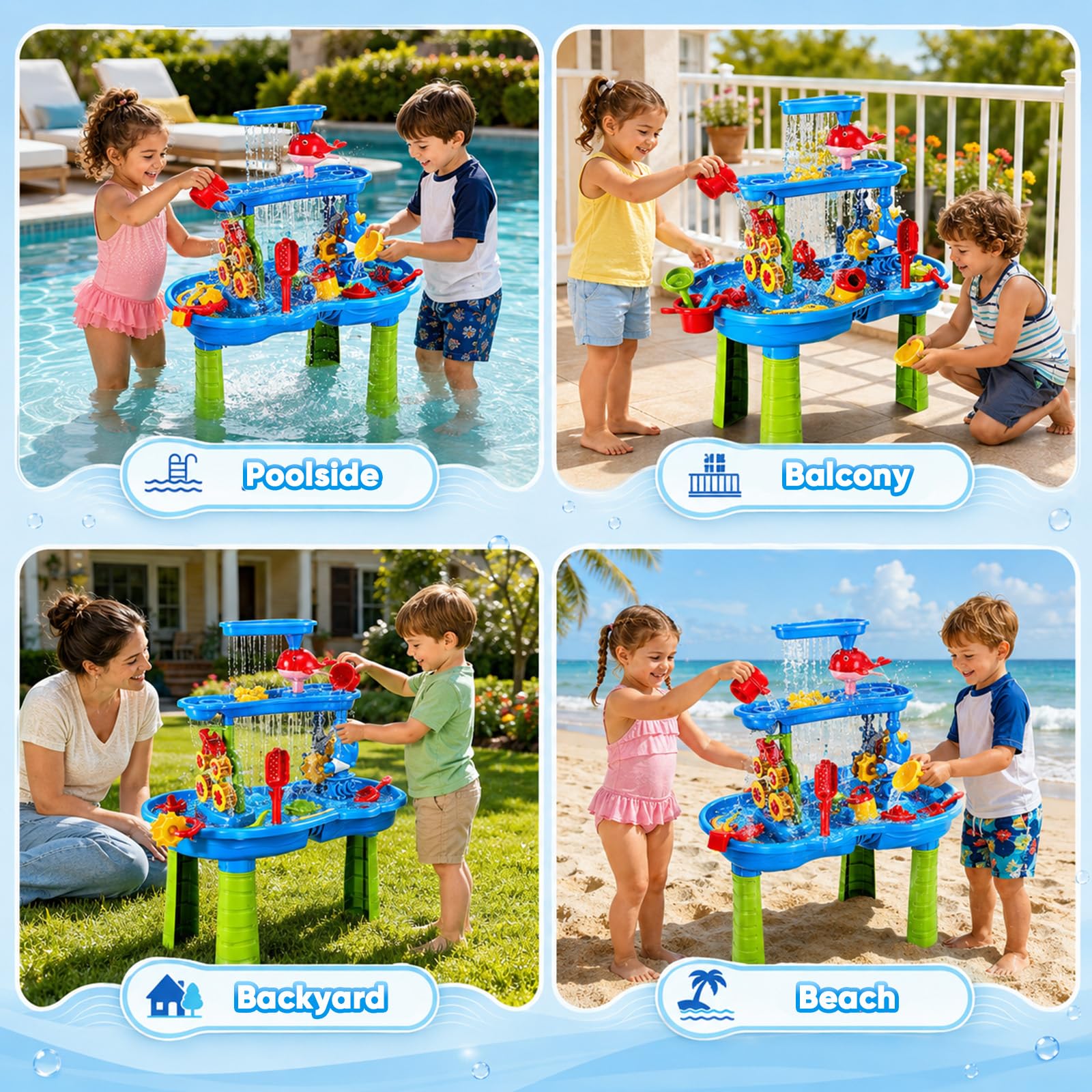 Tavolo da gioco 2 in 1 per bambini, stabile e affidabile, 3 livelli, effetto ruota d'acqua, con cascata e accessori di animali marini, giocattolo d'acqua per bambini, per esterni, giardino, terrazza