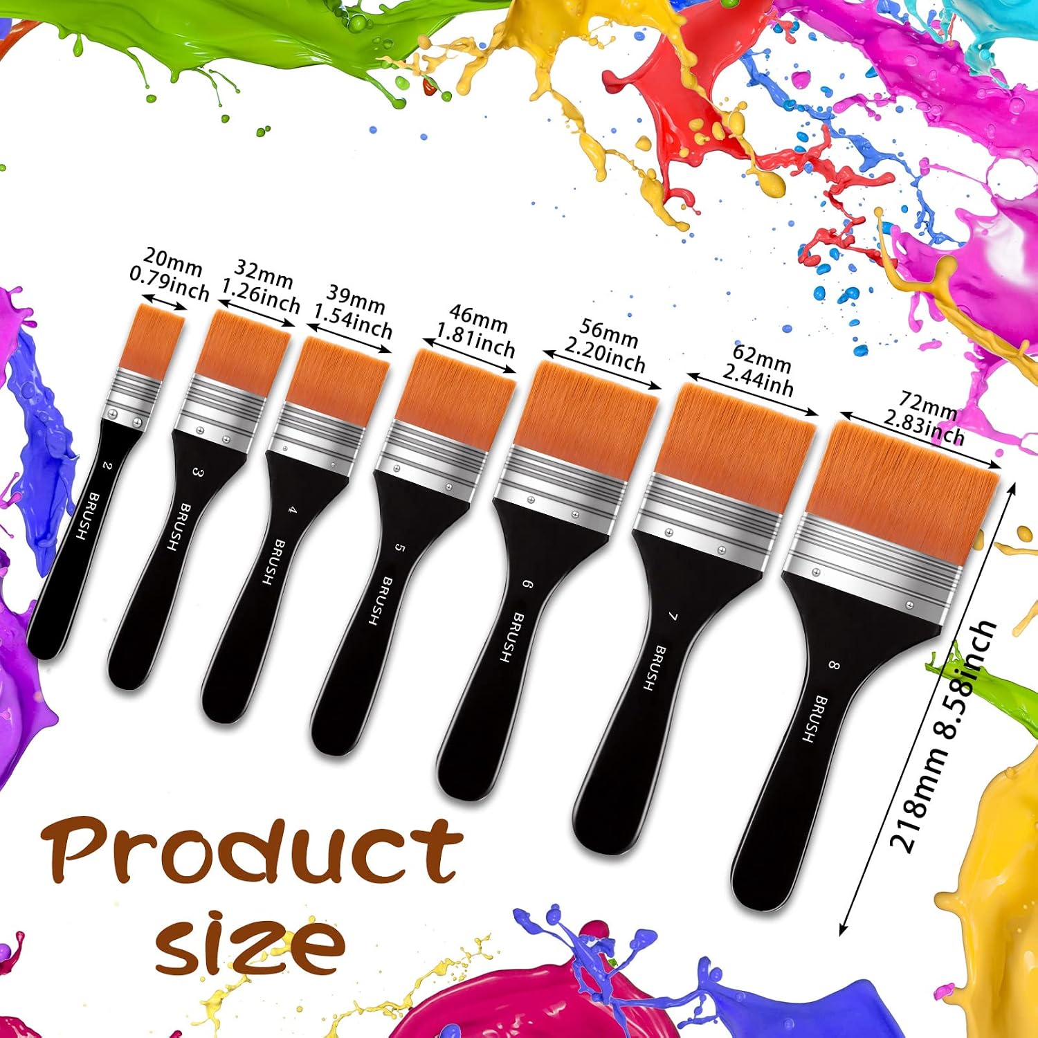 Zubebe Set of 7 Artist Wide Flat Paint Brushes Set Assorted Size Nylon Chip Brushes for Acrylic,Oil Painting, Applying Gesso, Varnish, Watercolor