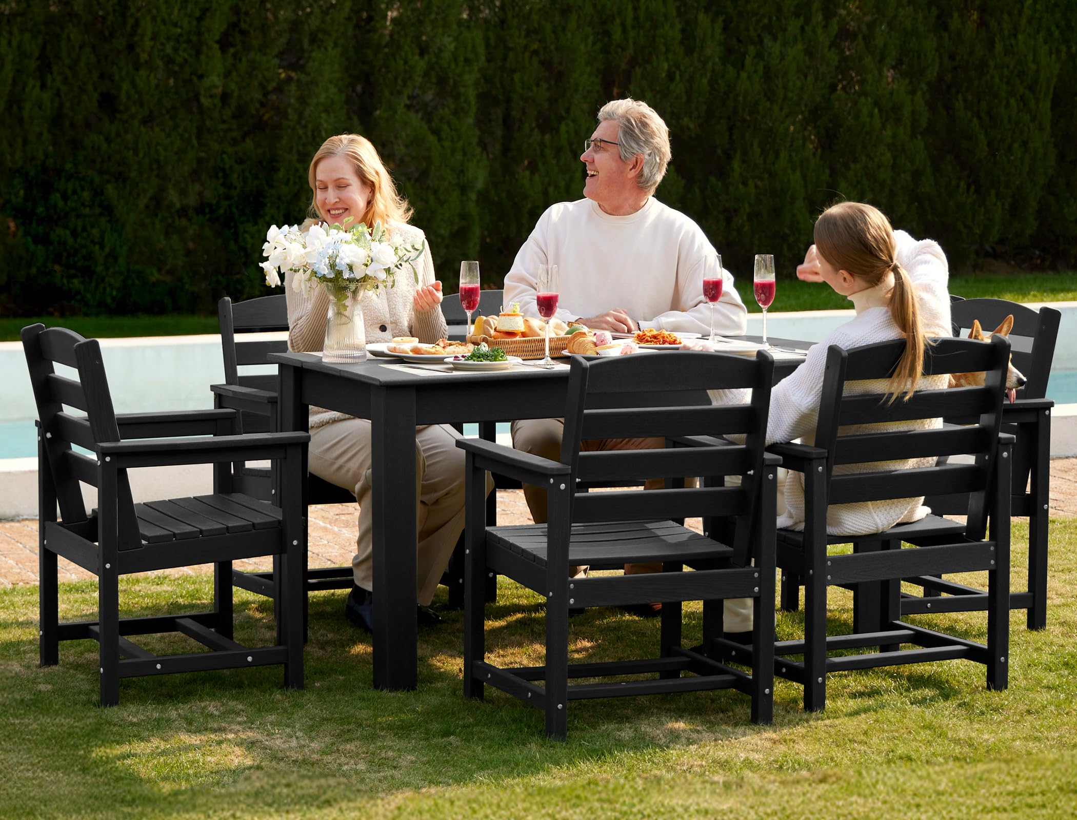 SERWALL 59" HDPE Outdoor Dining Set for 6, w/ 1 Table &amp; 6 Armchairs, Black