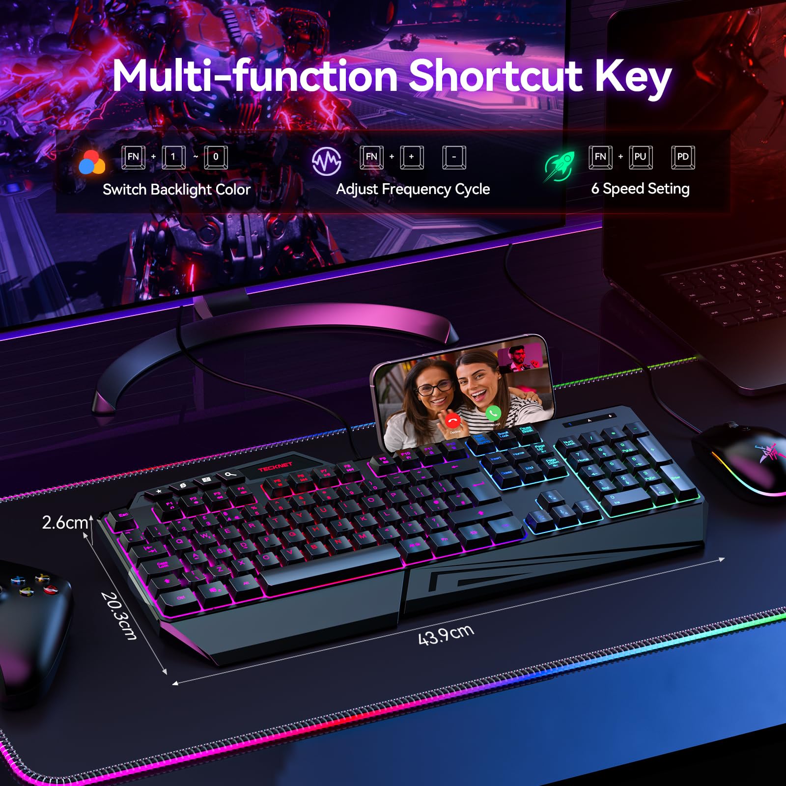 TECKNET Wired Gaming Keyboard, 26-Key Anti-Ghosting RGB Keyboard, Ergonomic Design with Phone Holder & Wrist Rest, Dedicated Shortcut Keys & Spill-Resistant Backlit Keyboards for PC/PS5/Xbox — view 7