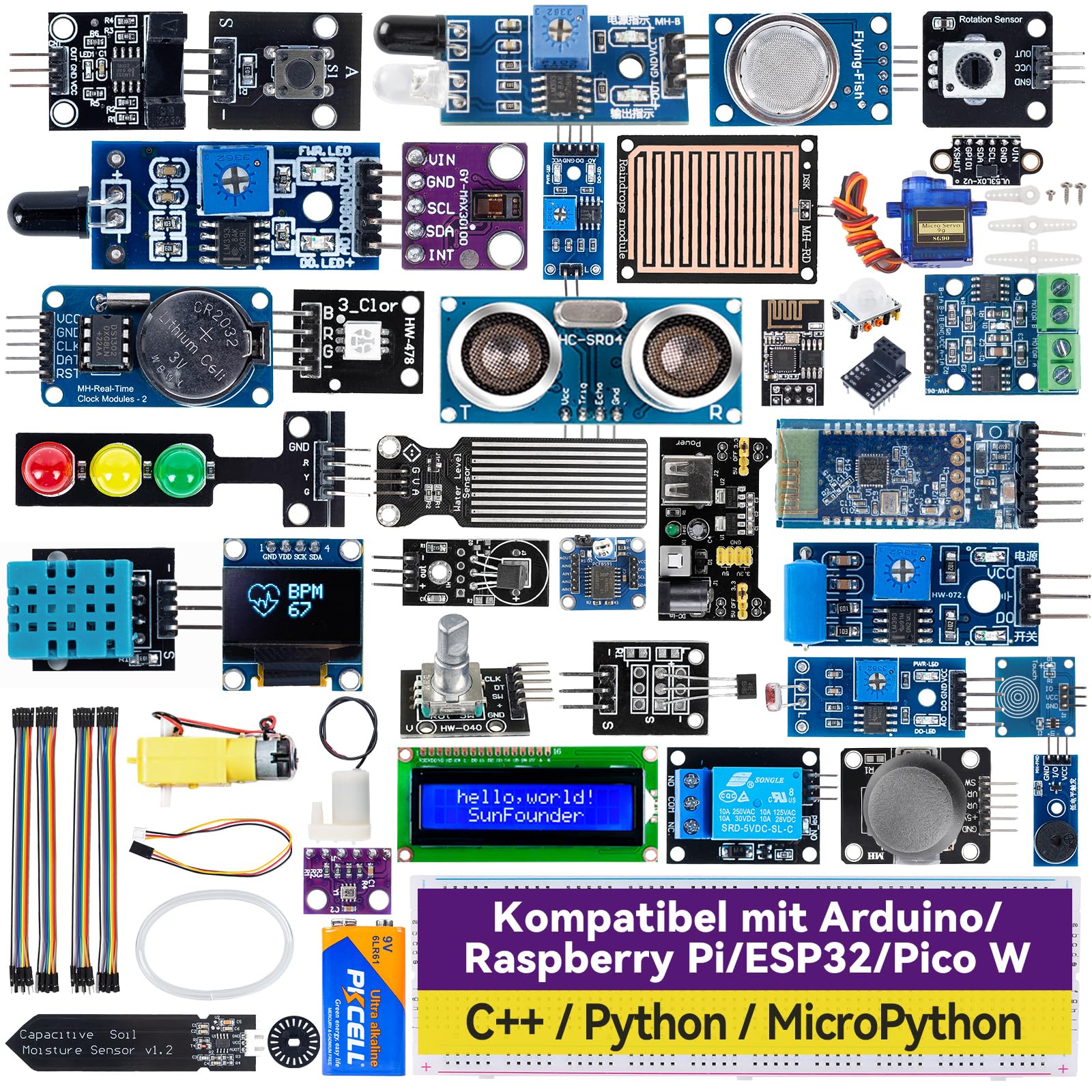 SunFounder Universal Maker Sensor Kit Kompatibel mit Arduino Mega/R3/R4 Minima/WiFi Nano, Raspberry Pi 5/4B/3B+/Zero 2 W/, Pico W, ESP32, C++, Python, MicroPython, Anfänger & Techniker