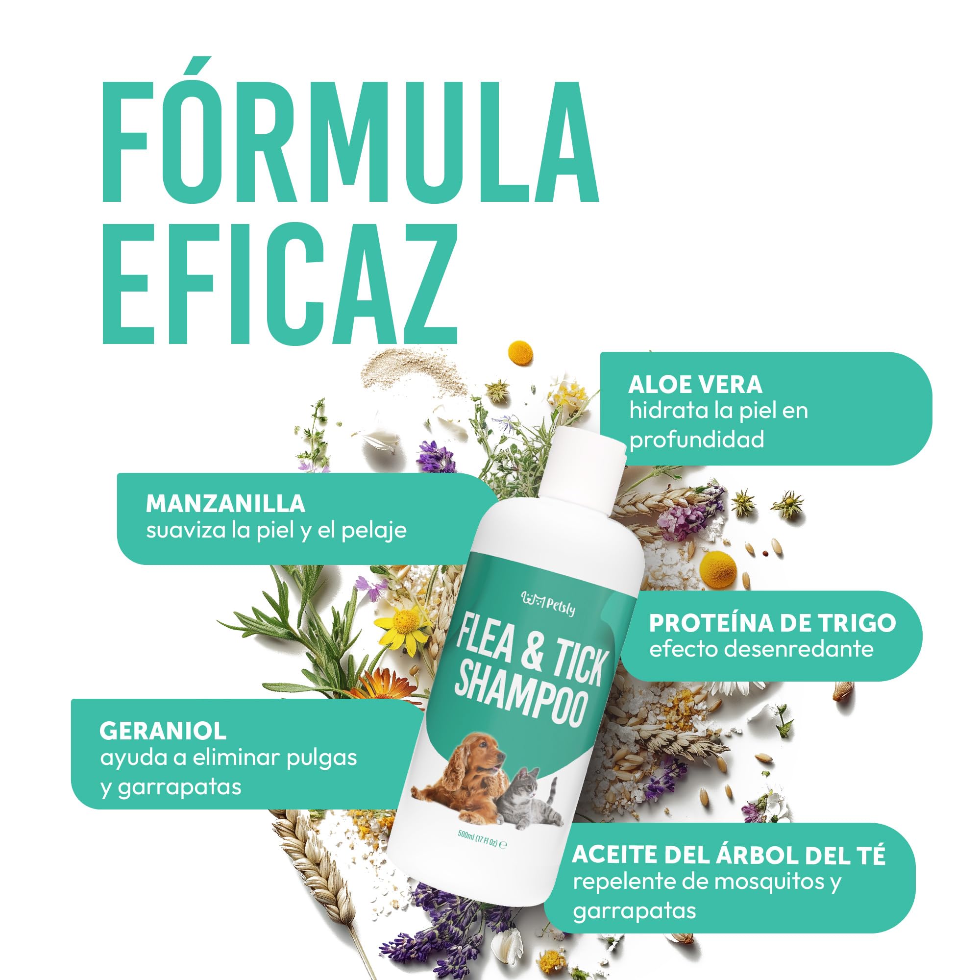 Petsly® Champú Antipulgas para Perros y Gatos - Fórmula Natural con Geraniol y Árbol del Té - Control de Pulgas y Garrapatas - Hidratante y Suave para la Piel - 500 ml - Apto para Todas Las Razas