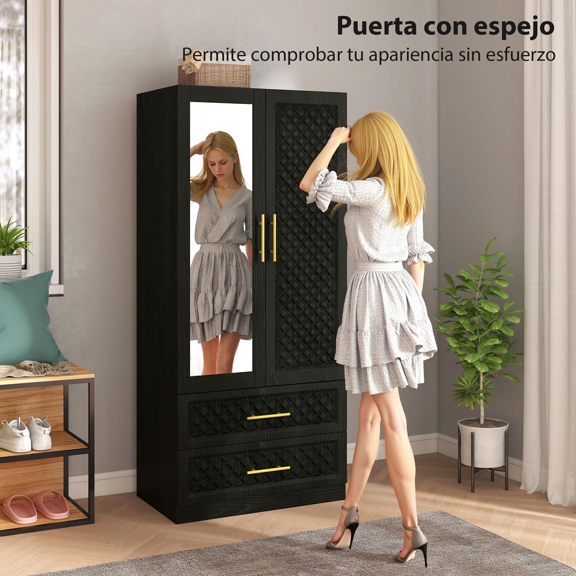 HOMCOM Armario Dormitorio 2 Puertas y 2 Cajones Espejo 80x50x180 cm Negro