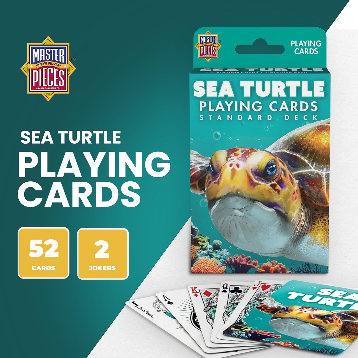 Masterpieces Sea Turtle Playing Cards Deck - Animal Themed Standard 54 Card Deck, Unique Sea Turtle Face Cards & Jokers, Retro Style, for Families & Adults