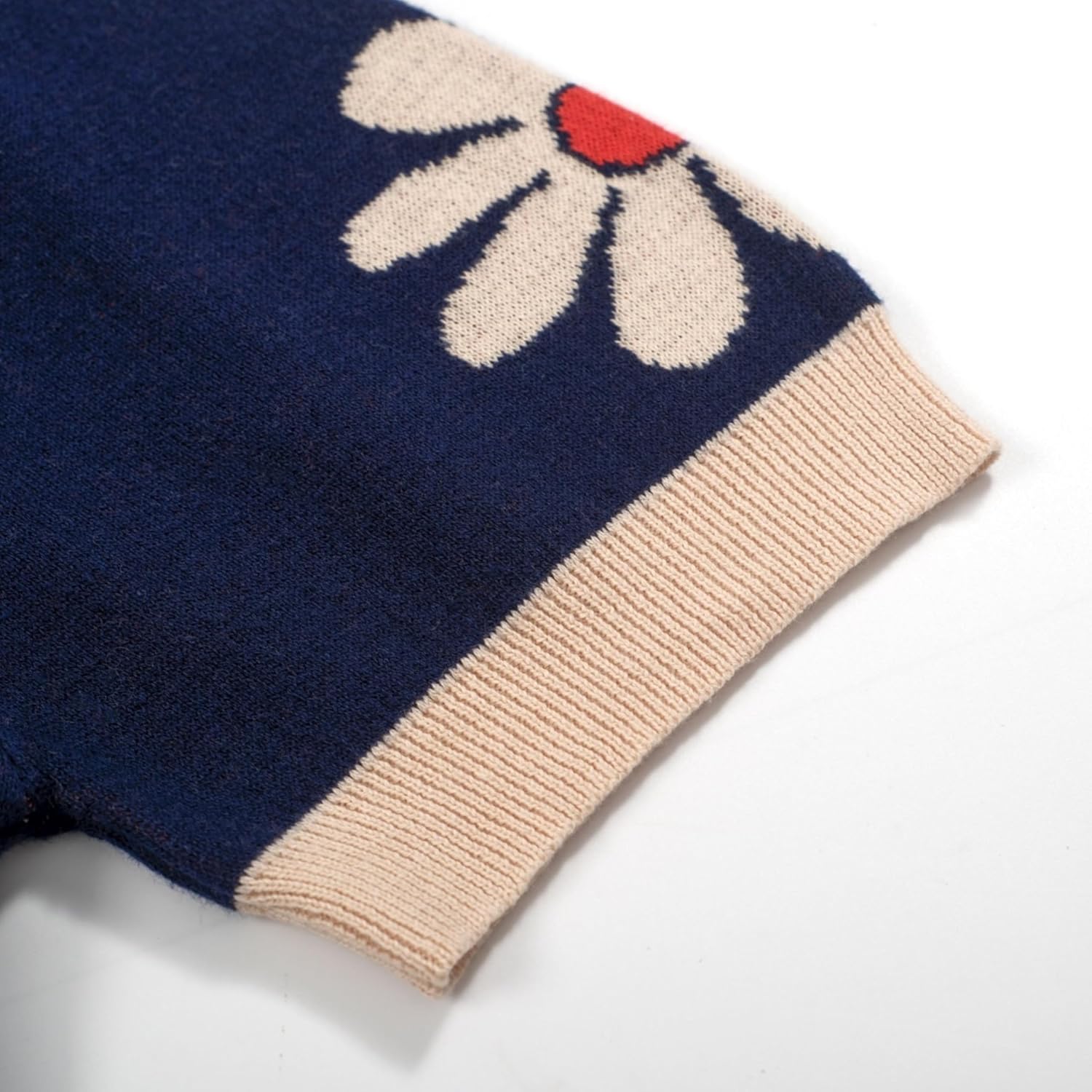 OXKNIT Men's Polo Shirts Retro Knitted V Neck Short Sleeve Navy Summer Shirt with Flower Design - Image 4