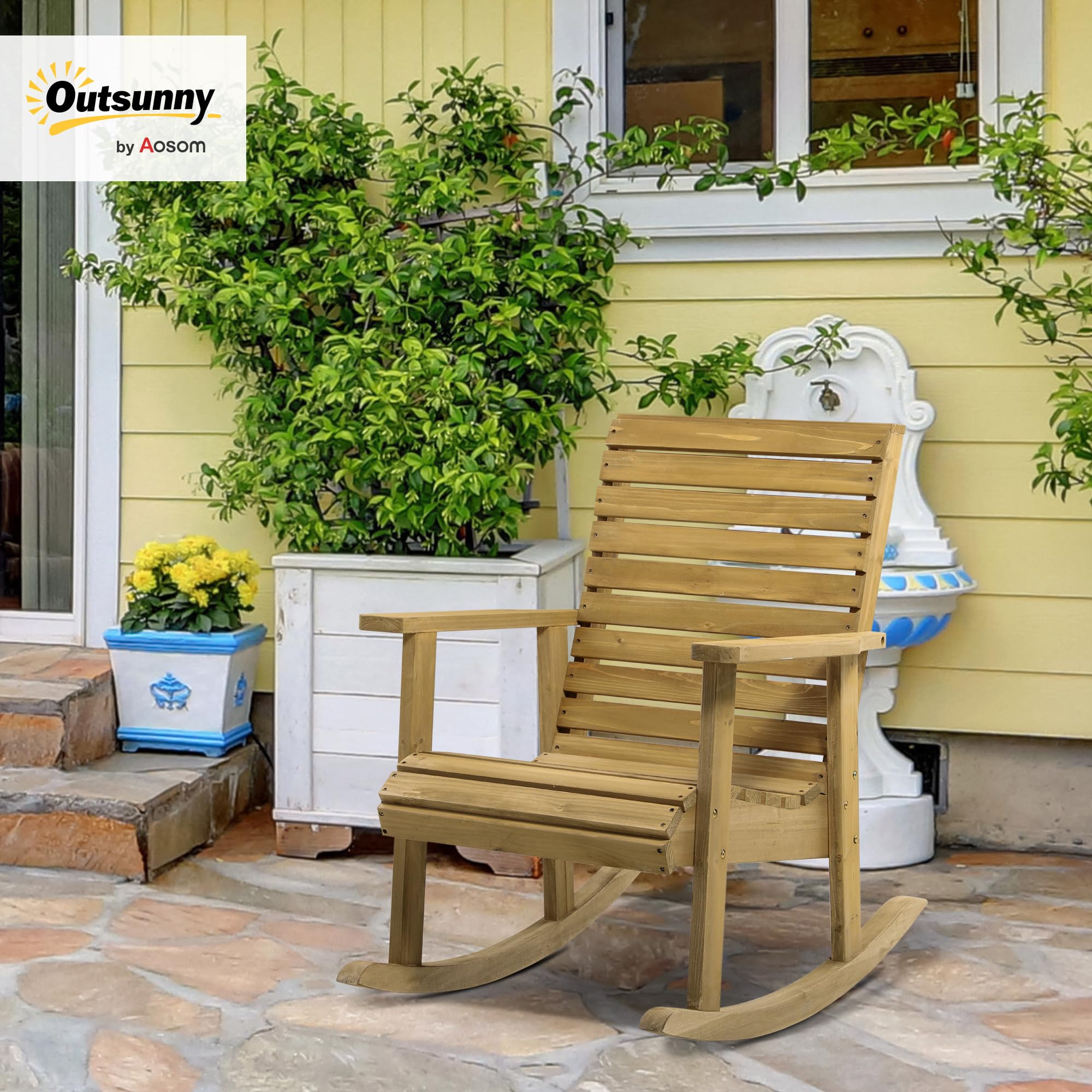 Outsunny Silla Mecedora de Madera de Abeto Mecedora Balancín con Reposabrazos y Diseño de Lamas Carga 130 kg para Jardín Terraza Patio Porche 86x64x85 cm Natural