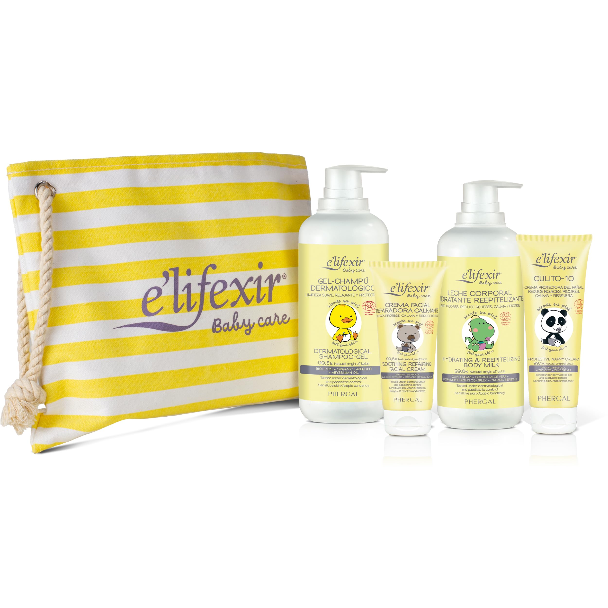 Elifexir Baby Care, Set de Regalo para Bebés o Recién Nacidos, Gel Champu Dermatológico (500 ml) + Leche Corporal Hidratante (400 ml) + Crema de Pañal (75 ml) + Crema Facial (50 ml) + Neceser