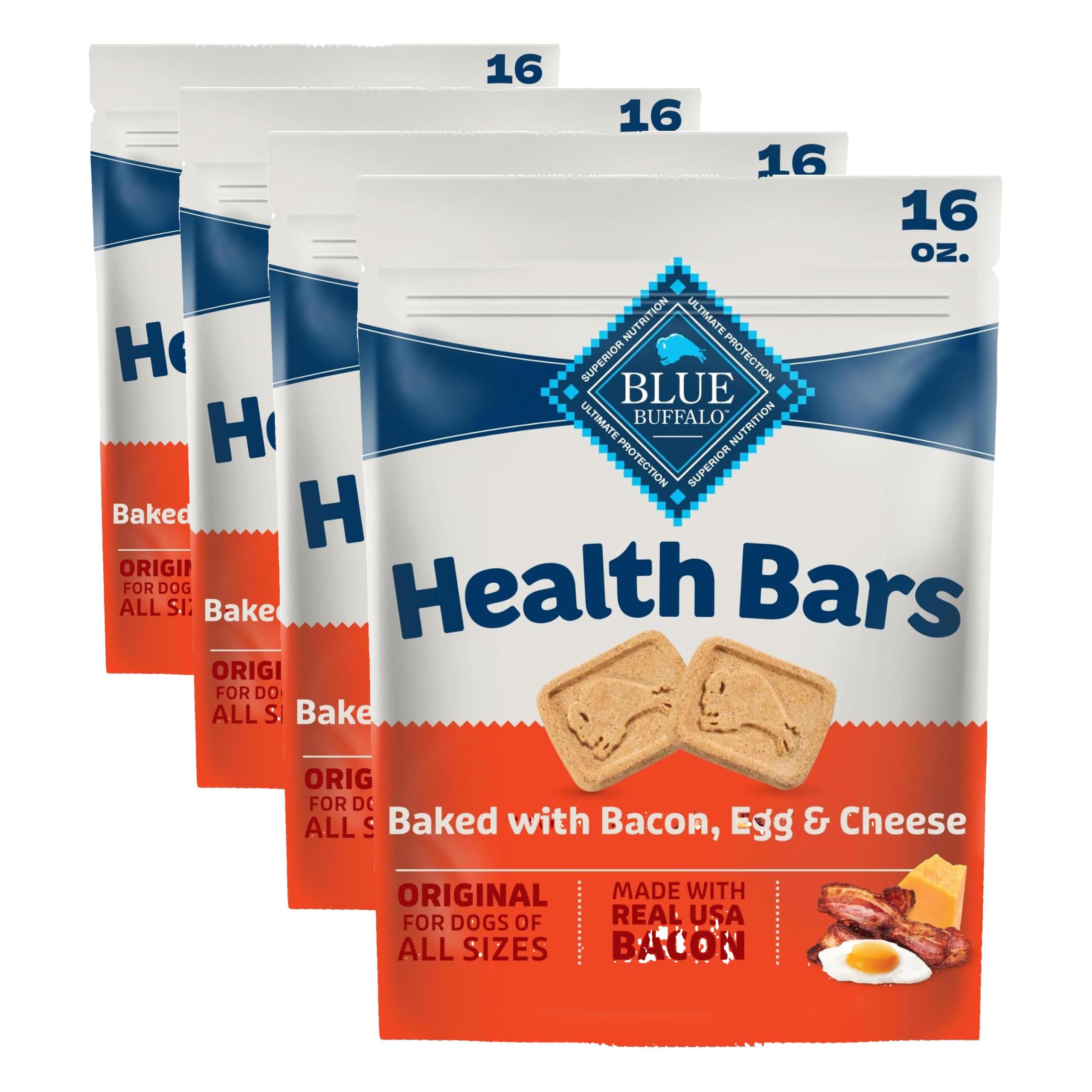 Blue Buffalo Health Bars Bacon, Egg &amp; Cheese Crunchy Dog Biscuits, Oven-Baked with Real Bacon &amp; Natural Ingredients, Healthy Dog Treats with No Artificial Flavors or Preservatives, 16 oz. (Pack of 4)