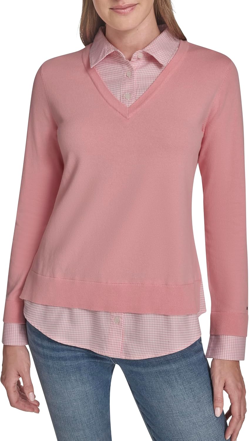 Tommy Hilfiger Womens Long Sleeve Button Up Collared Twofer Sweater