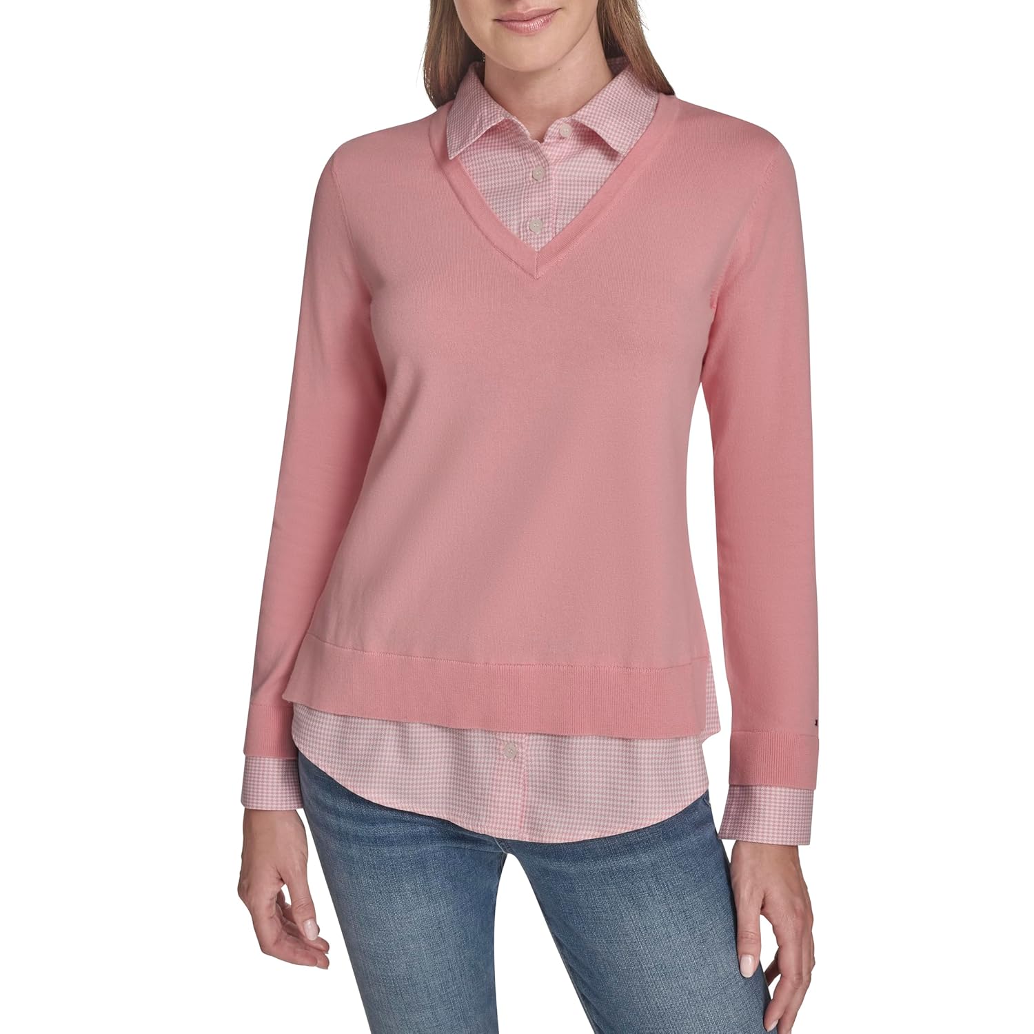 Tommy Hilfiger Womens Long Sleeve Button Up Collared Twofer Sweater