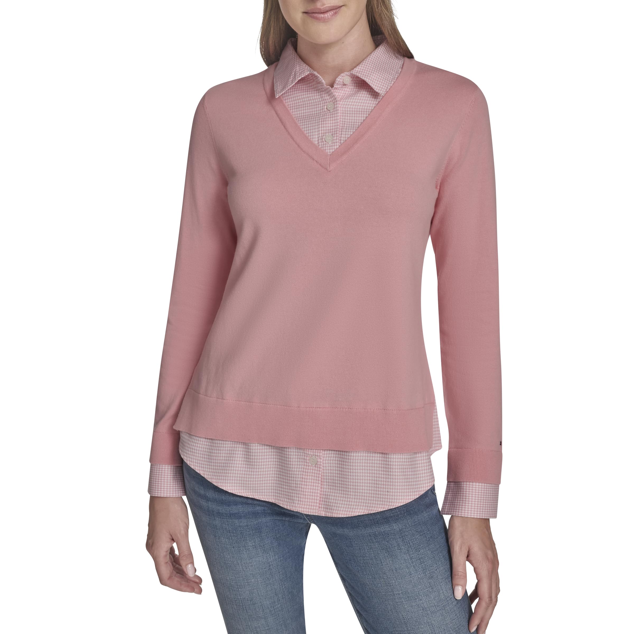 Tommy Hilfiger Womens Long Sleeve Button Up Collared Twofer Sweater