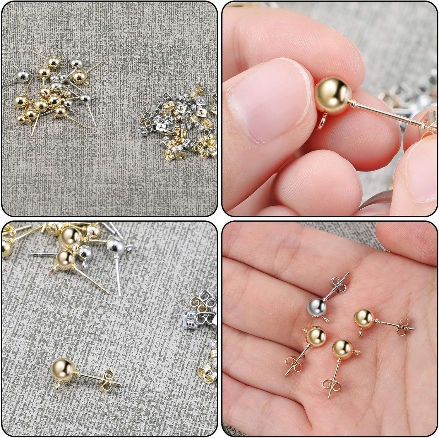 180 Pieces Ball Post Earring Stud with 200 Pieces Butterfly Ear Back Earrings with Loop for DIY Jewelry Making Findings, 4 mm 5 mm 6 mm (Silver, Gold)