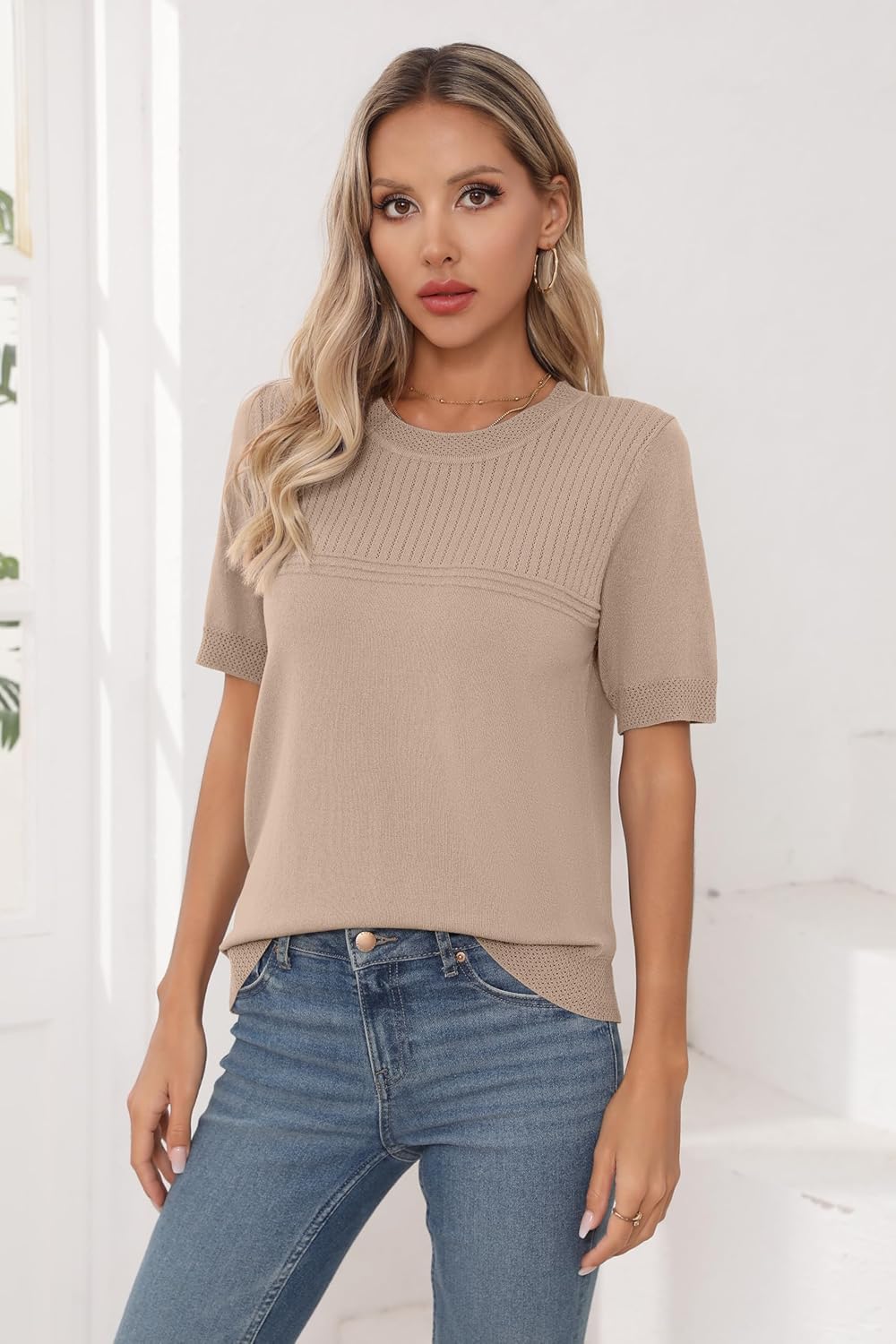 Bettysays Womens Short Sleeve Sweaters Summer Tops Crew Neck Hollow Out Pullover Shirt Lightweight Knit Sweaters - Image 4