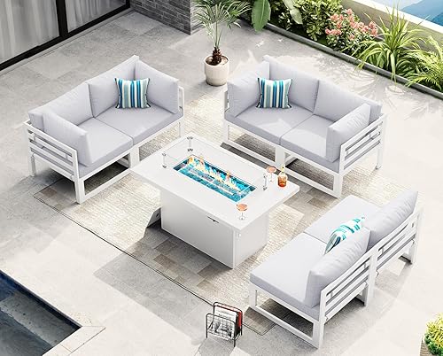 Miniatura 787 de NICESOUL 7 Piece White Powder-Coated Aluminum Patio Furniture with Fire Pit Table, 29 Inch Extra Wide Outdoor Sectional Sofa for 6, High-End Heavy