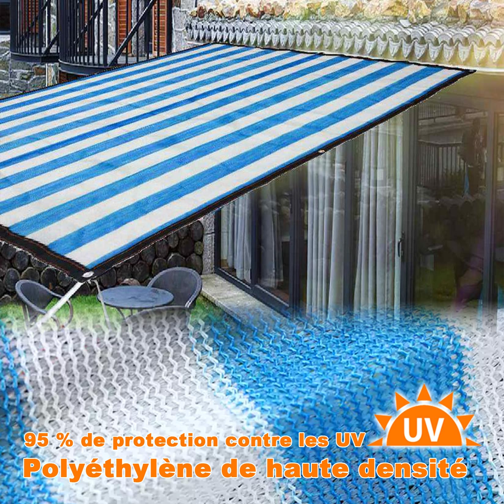 Oddychający zadaszenie żaglowe 5 x 7 m - wiatroszczelny pokrowiec na basen zewnętrzny i namiot plażowy, idealny na kemping, patio, ochrona samochodu - niebieskie paski