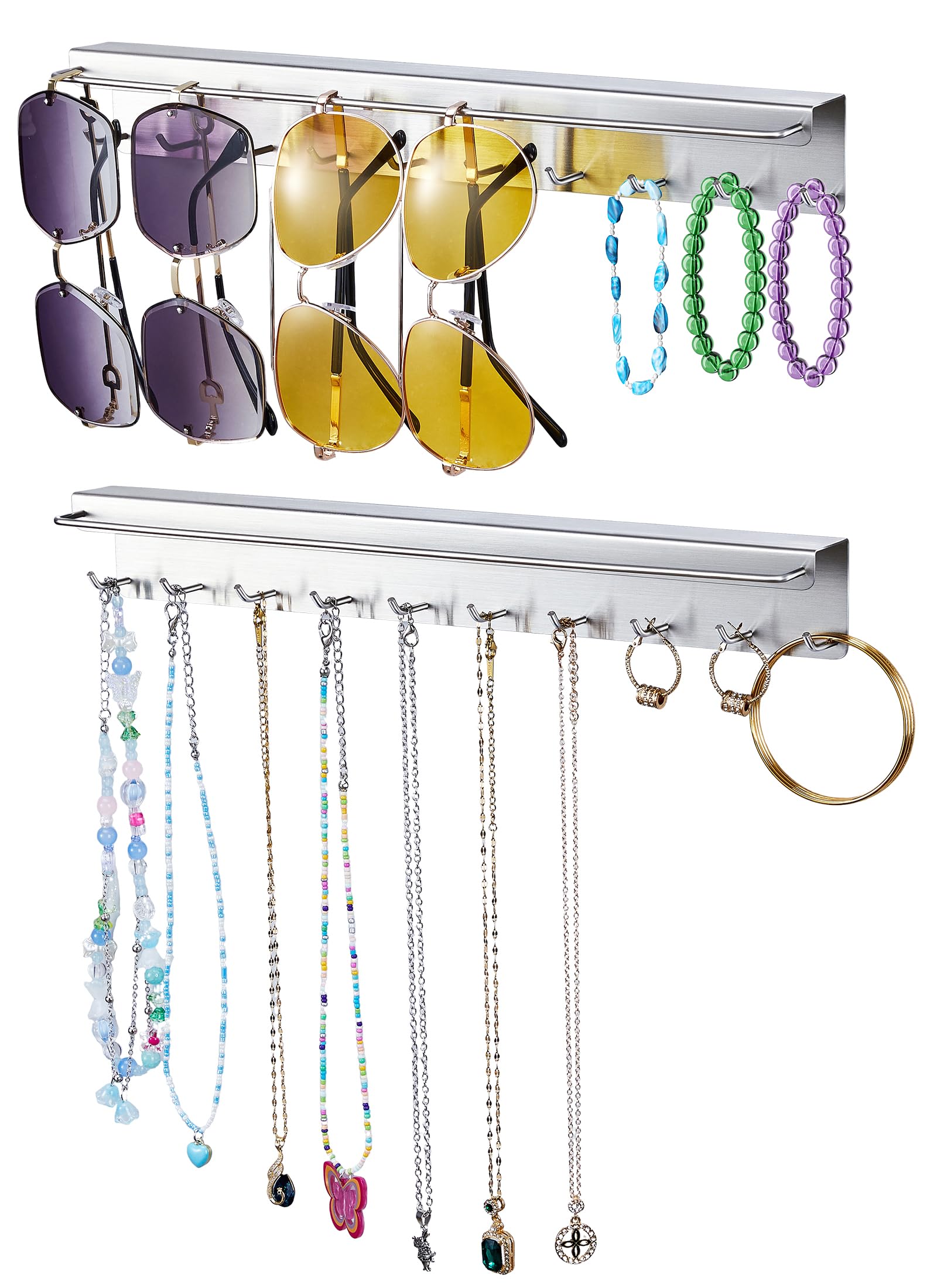 2 Pezzi Porta Collane da Parete, Espositore Gioielli per Collane, Bracciali e Orecchini, Porta Gioielli da Appendere con 20 Ganci, porta Occhiali, Organizer occhiali Da sole (Argento)